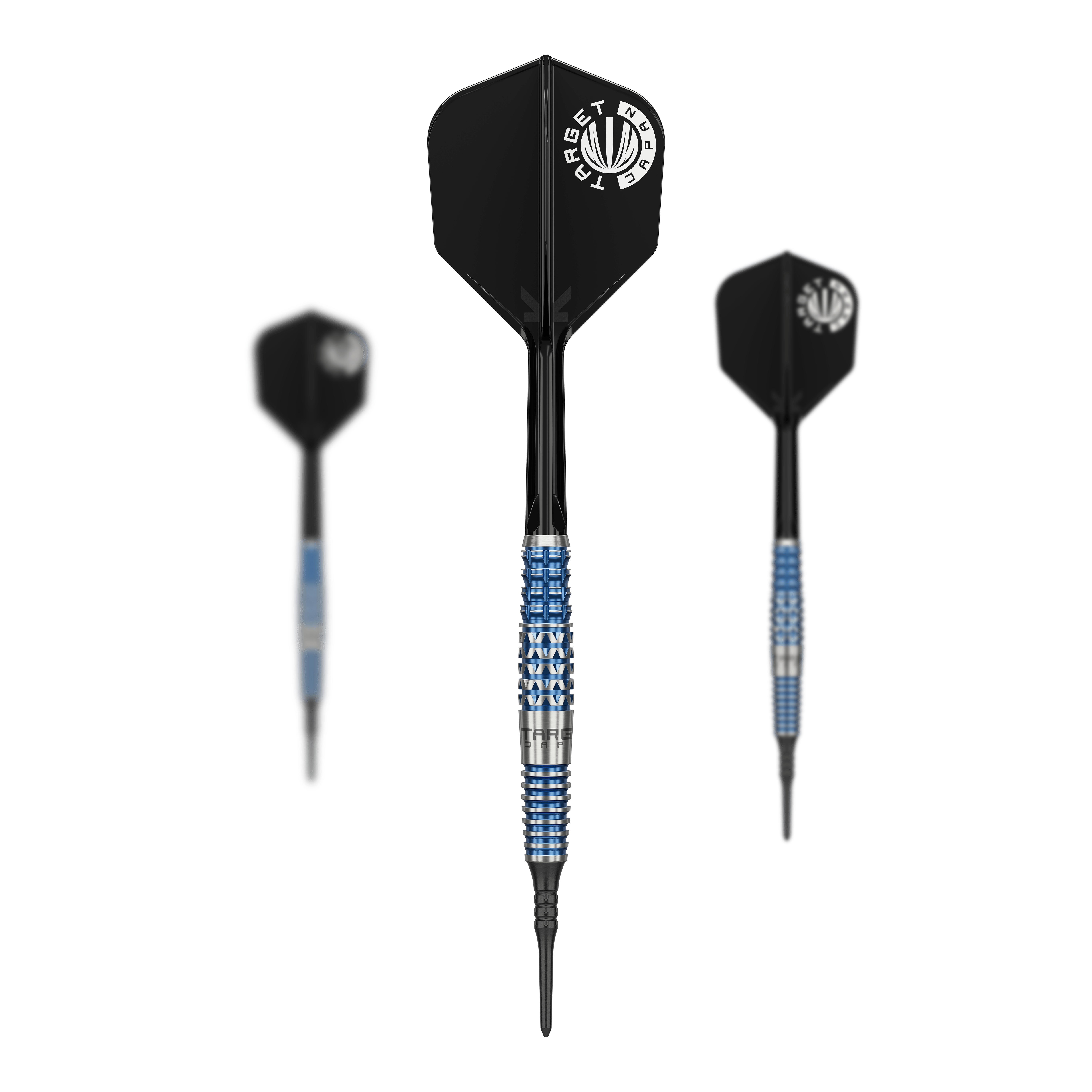 Target Japan Toru Suzuki Sereno GEN2 Soft Darts - 20g Das Bild zeigt drei Softdarts des Modells "Target Japan Toru Suzuki Sereno GEN2 Softdarts - 20g". Die Darts haben schwarze Flights und ein blau-silbernes Griffstück.