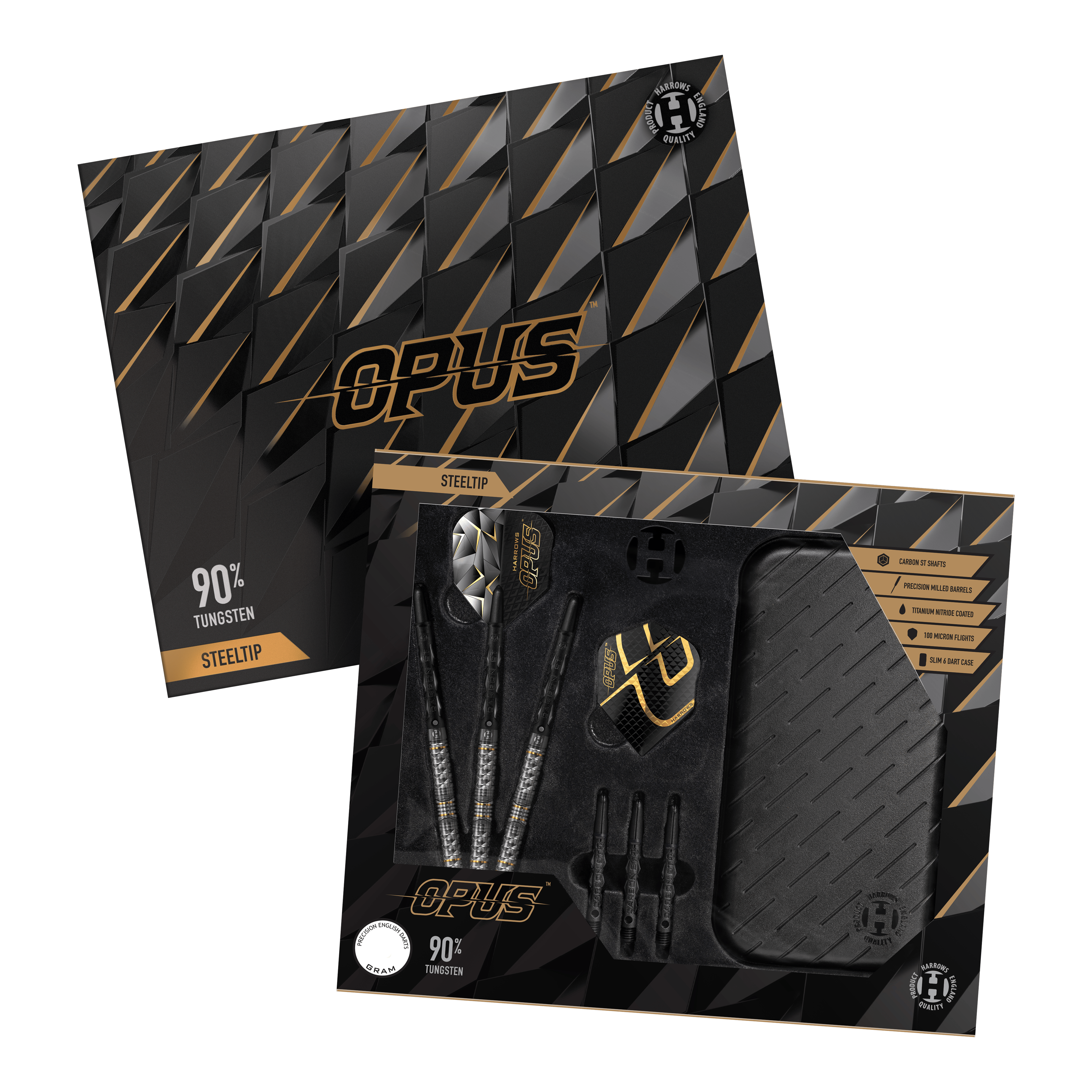 Harrow's Opus Quick Point steel darts Harrows Opus Quick Point Steeldarts - 23g. Es werden drei Steeldarts mit 23 Gramm aus der Harrows Opus Reihe dargestellt.