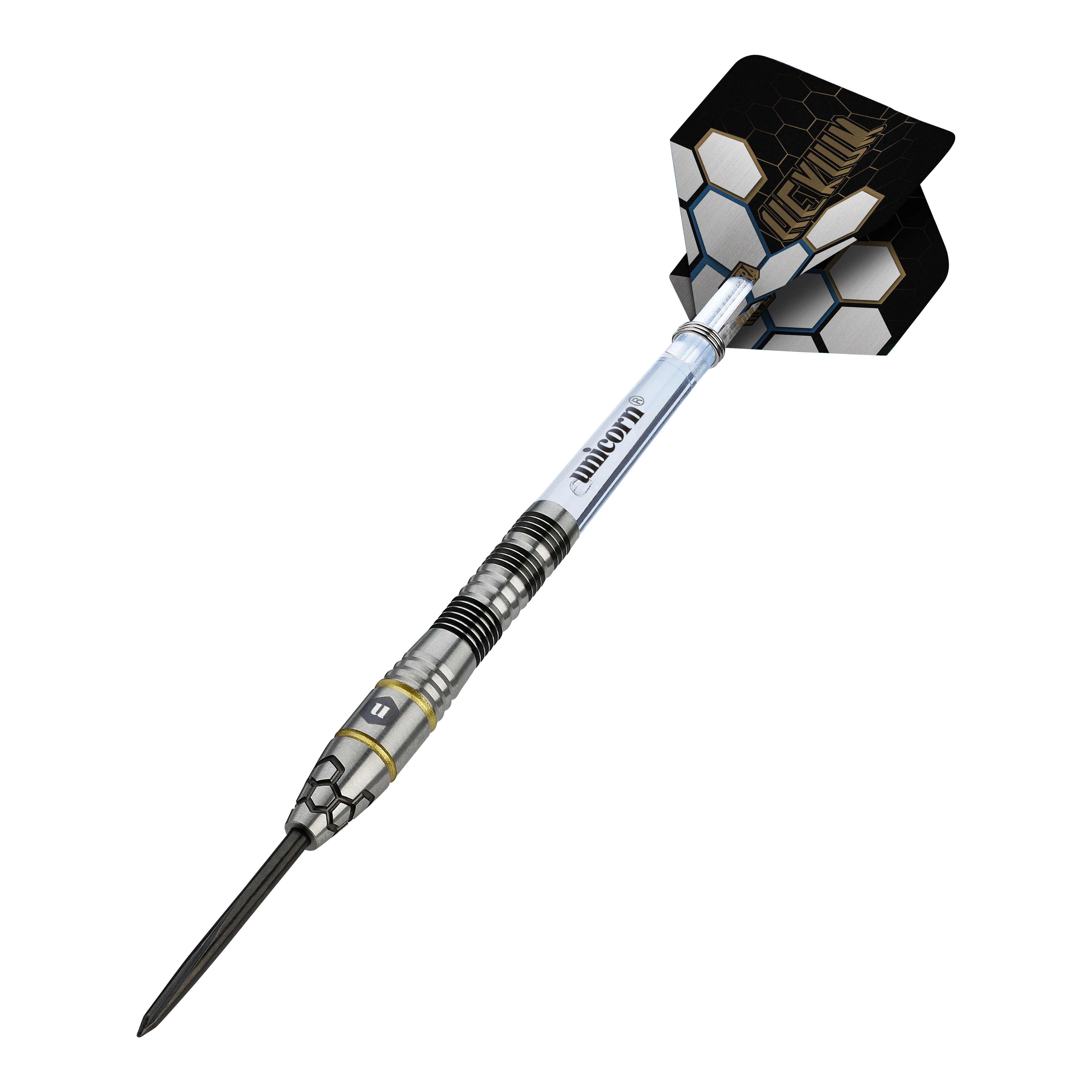 Hier sieht man die Unicorn Hexium Style 01 Black & Gold Steeldarts. Die Darts haben eine Kombination aus schwarzen und goldenen Elementen.