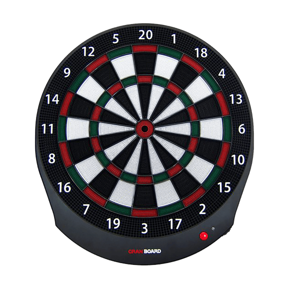 G00030_GranBoard_Dash_Green_Elektronisches_Dartboard_1 Das Bild zeigt das GranBoard Dash Elektronisches Dartboard. Es ist eine runde Dartscheibe mit farbigen Segmenten und einer digitalen Anzeige unten.