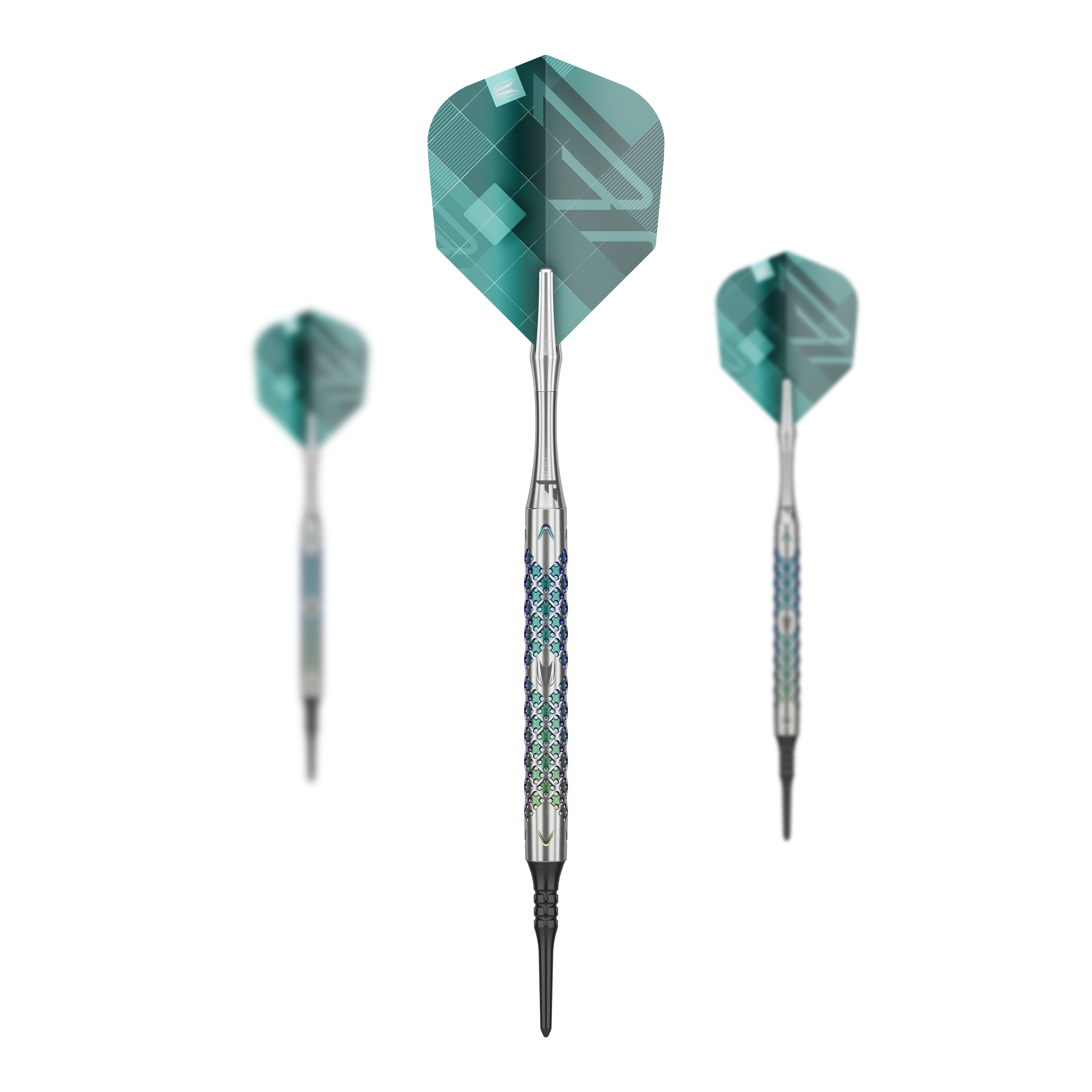 Target Rove 10 Soft Darts Das Bild zeigt drei Softdarts des Modells "Target Rove 10" mit silbernen Schäften und grünen Flights. Die Darts sind elegant gestaltet und stehen vor einem schwarzen Hintergrund.