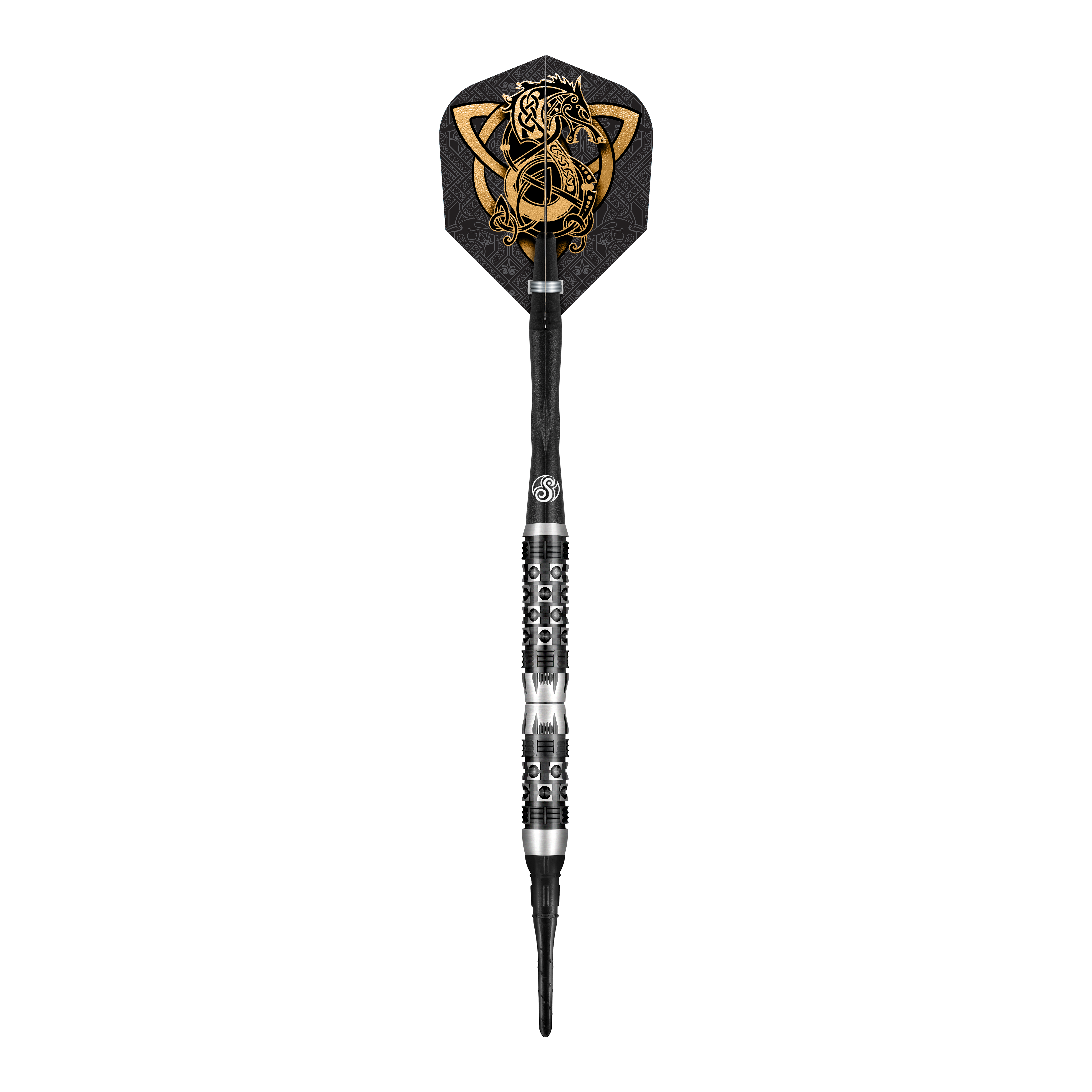 Shot Viking Wolf soft darts - 20g Dies ist ein Softdart namens "Shot Viking Wolf Softdarts - 20g". Der Dartpfeil hat ein auffälliges schwarzes und silbernes Design mit einem goldenen Wikinger-Wolf auf der Flights.