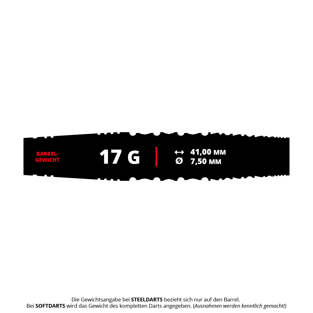 Das Bild zeigt die Produktinformationen der "Target Japan Black Marque Dancing Duck GEN 4 Softdarts - 17g". Das Barrelgewicht beträgt 17 Gramm, die Länge 41,00 mm und der Durchmesser 7,50 mm.