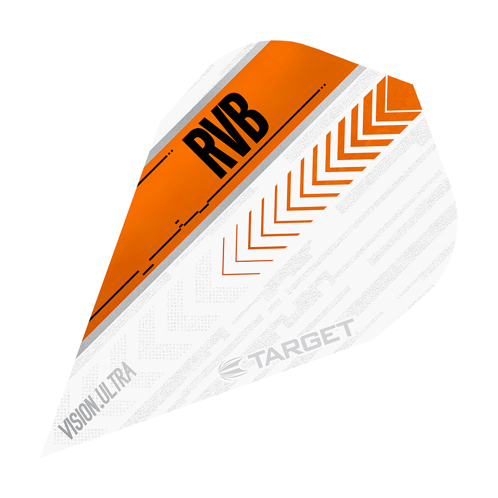 Das Bild zeigt ein Dartflight mit dem Namen "Target Vision Ultra RvB Orange Vapor Flights". Das Design ist überwiegend weiß mit orangen und schwarzen Akzenten sowie der Aufschrift "RVB".
