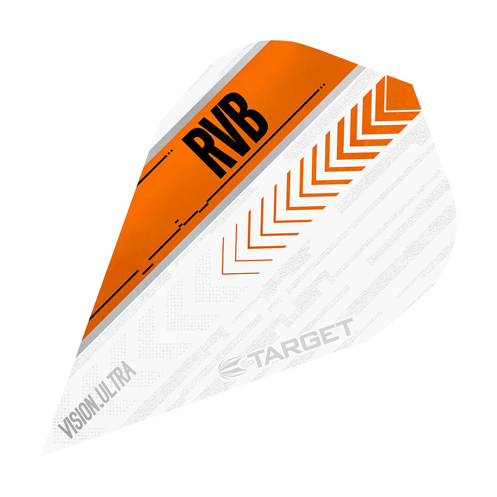 TG59_332040_Target_Vision_Ultra_RvB_Orange_Vapor_Flights_1pgcH20JL8fFOo Das Bild zeigt ein Dartflight mit dem Namen "Target Vision Ultra RvB Orange Vapor Flights". Das Design ist überwiegend weiß mit orangen und schwarzen Akzenten sowie der Aufschrift "RVB".