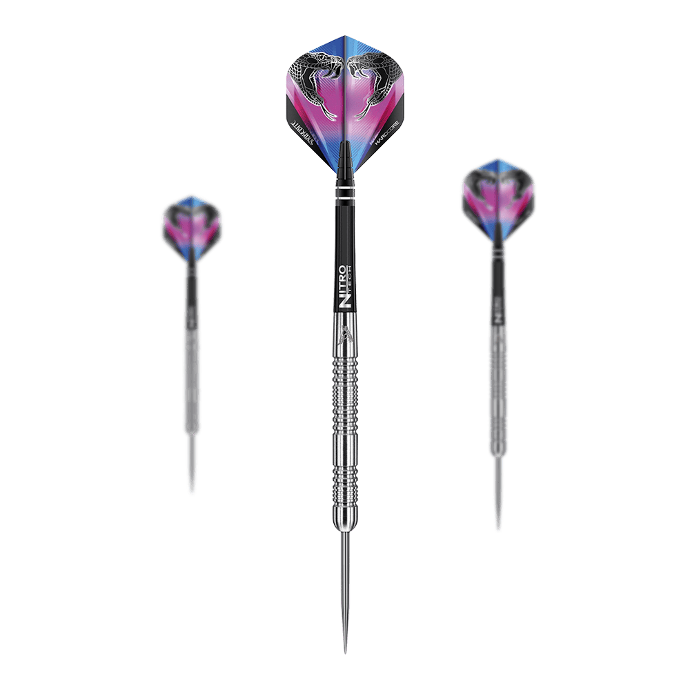 Red Dragon Peter Wright Snakebite Euro 11 steel darts Das Bild zeigt drei Steeldarts des Modells "Red Dragon Peter Wright Snakebite Euro 11". Die Flights der Darts sind farbenfroh gestaltet und zeigen zwei Schlangen.