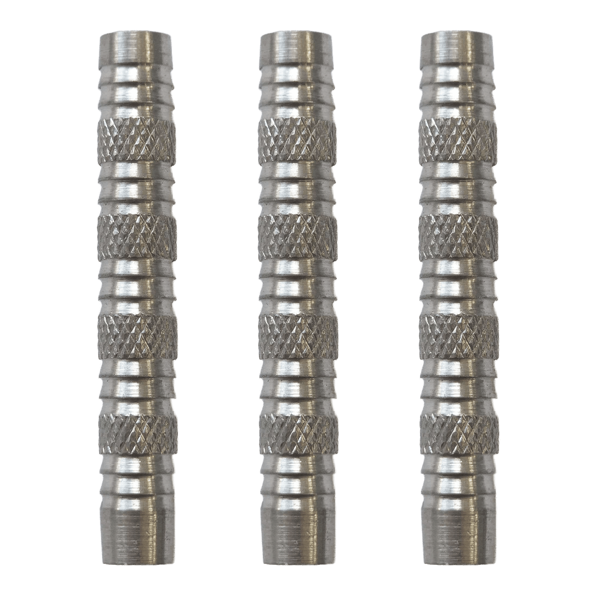 Hier sieht man McDart Knurled Shark Softdart Barrels - 18g als Set. Die Dart-Barrels sind silbern und haben ein markantes Rillenmuster.
