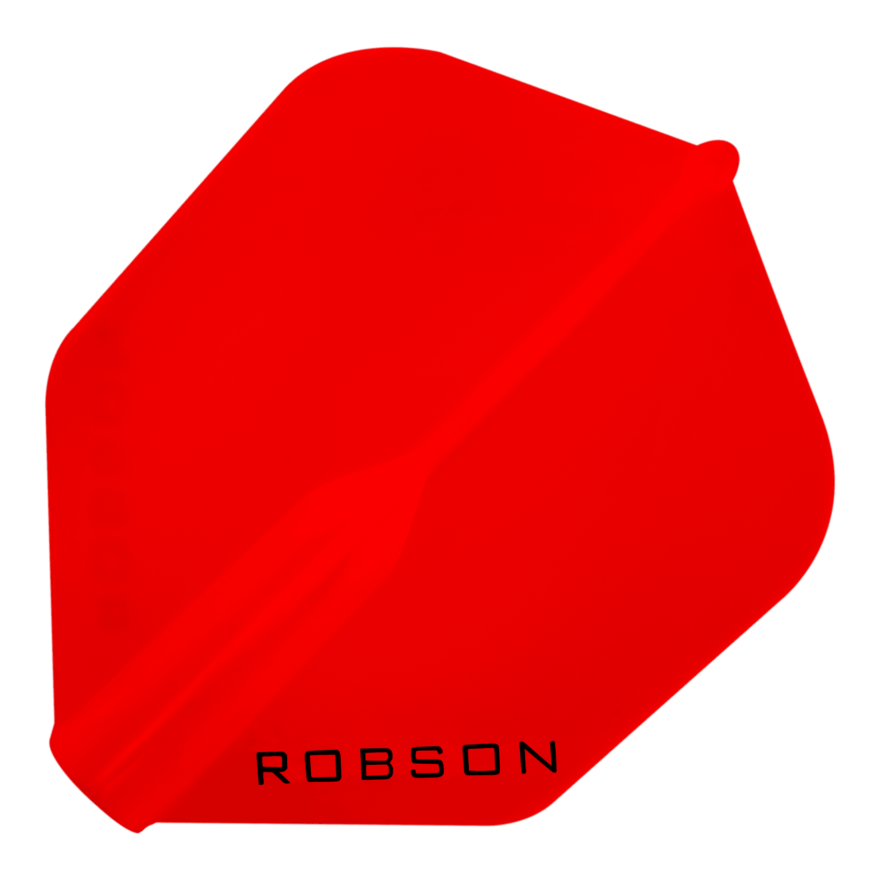 Das Bild zeigt einen roten Dart-Flight mit der Aufschrift "ROBSON". Der Flight hat eine sechseckige Form.