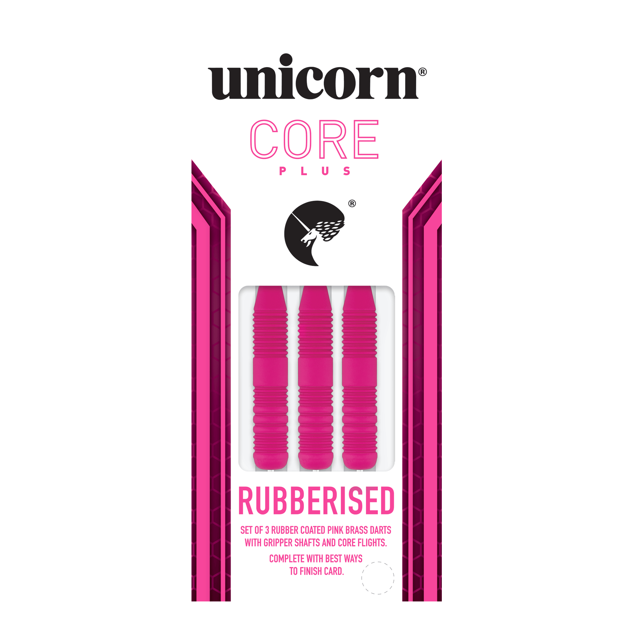 Unicorn Core Plus Rubberized Pink Steel Darts Das Bild zeigt eine Packung mit drei pinken, gummierten Steeldarts der Marke Unicorn Core Plus. Die Darts haben geriffelte Griffe und werden in einer weiß-pinken Verpackung präsentiert.