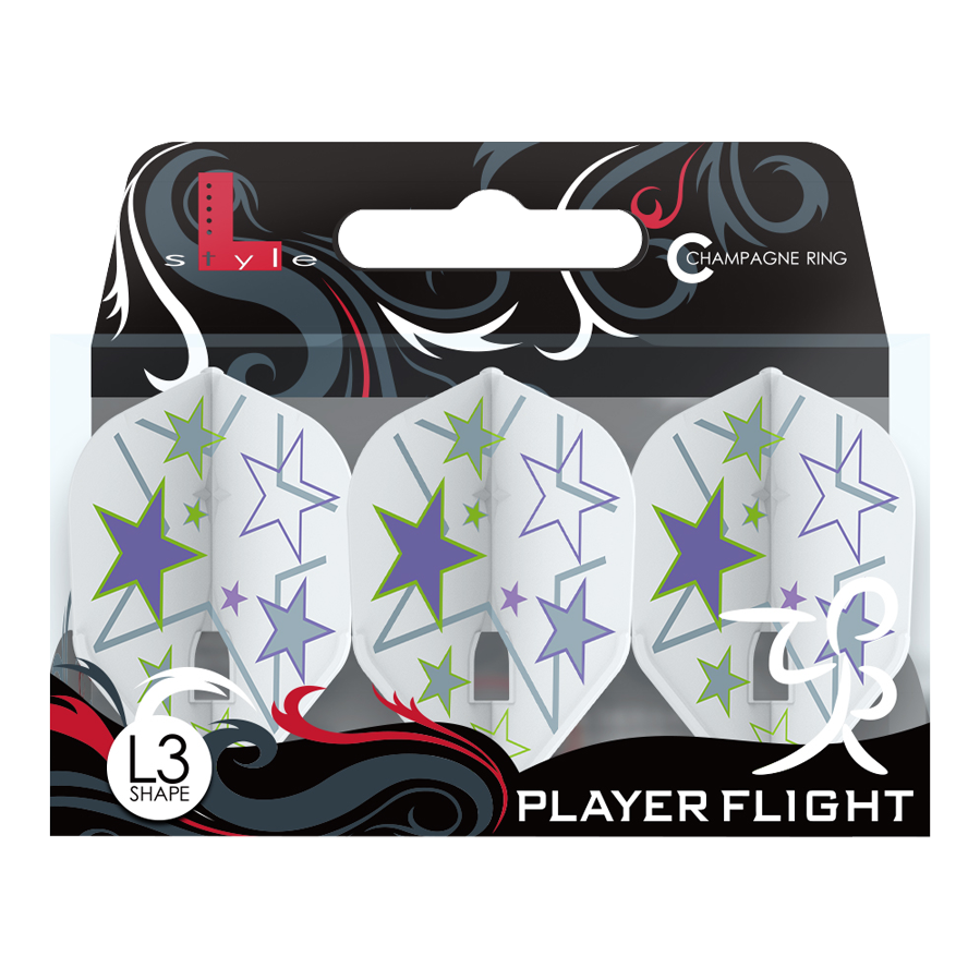 L-Style Ryan Murray V1 White L3PRO Flights Das Bild zeigt eine Packung mit weißen L-Style Ryan Murray V1 L3PRO Flights. Die Flights sind mit bunten Sternen in Lila, Grün und Hellblau verziert.