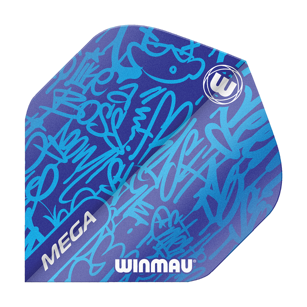 Das Bild zeigt ein Winmau Mega Blue Standard Flight für Dartpfeile. Das Flight ist blau mit modernen, grafischen Mustern und dem Winmau-Logo bedruckt.