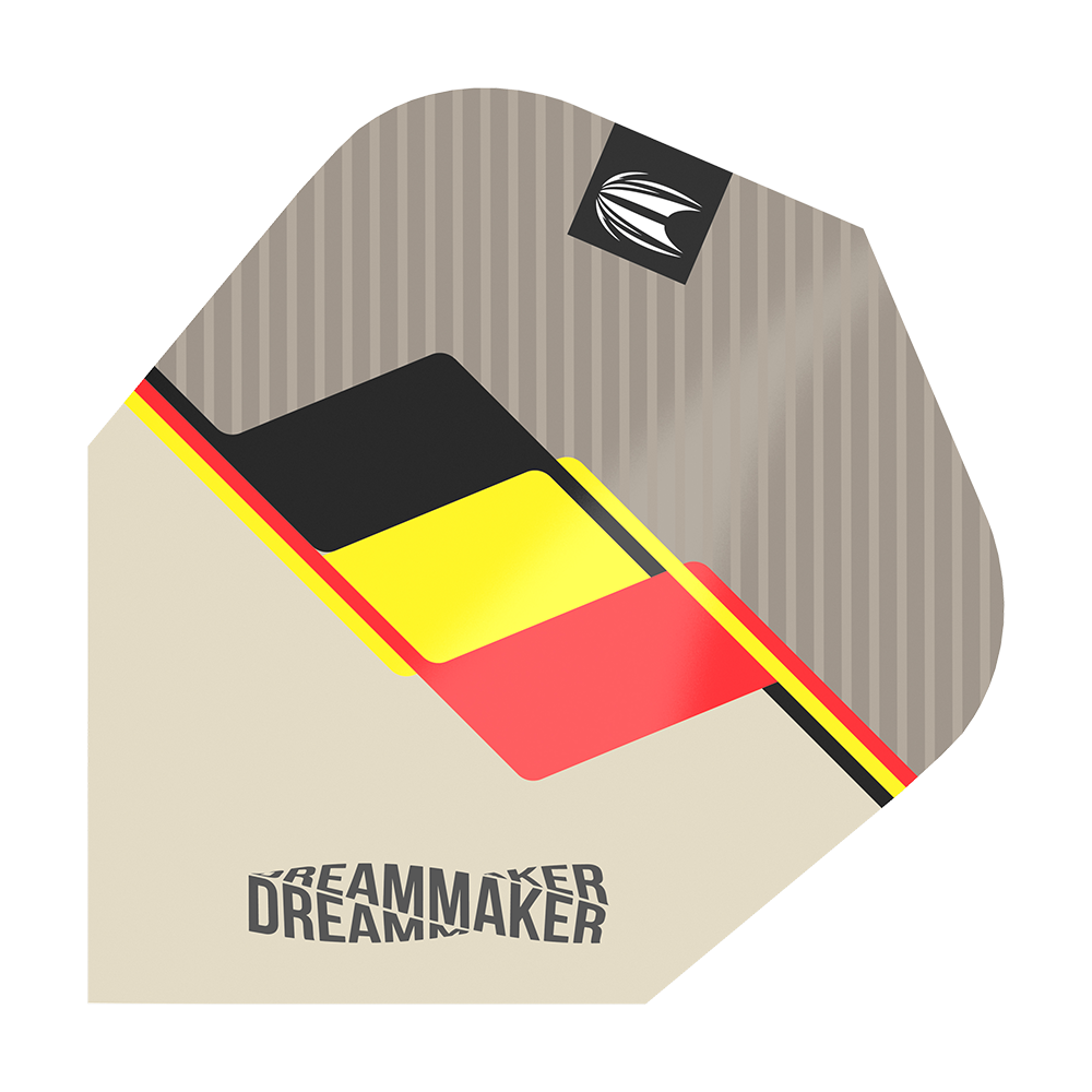 TG78_336510_Target_Pro_Ultra_Dimitri_Van_Den_Bergh_2022_Ten-X_Flights_1 Auf dem Bild ist ein Dart-Flight des Produkts "Target Pro Ultra Dimitri Van Den Bergh TenX" zu sehen. Das Design zeigt die Farben der belgischen Flagge und das Wort "DREAMMAKER".