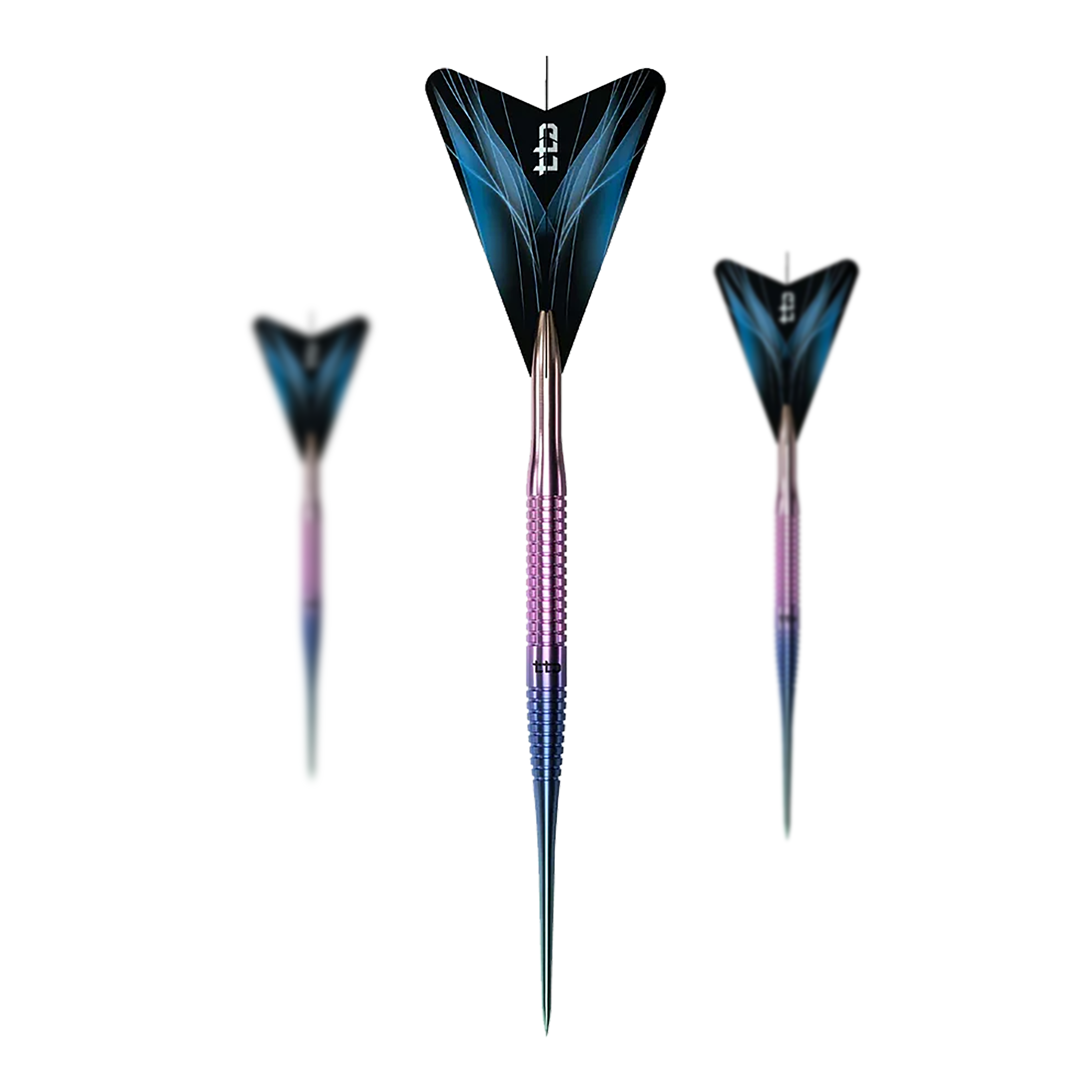 Caliburn TTD Complete Titanium T3 Rainbow Steeldarts - 7g. Gezeigt wird ein Set aus bunten Steeldartpfeilen aus Titan.