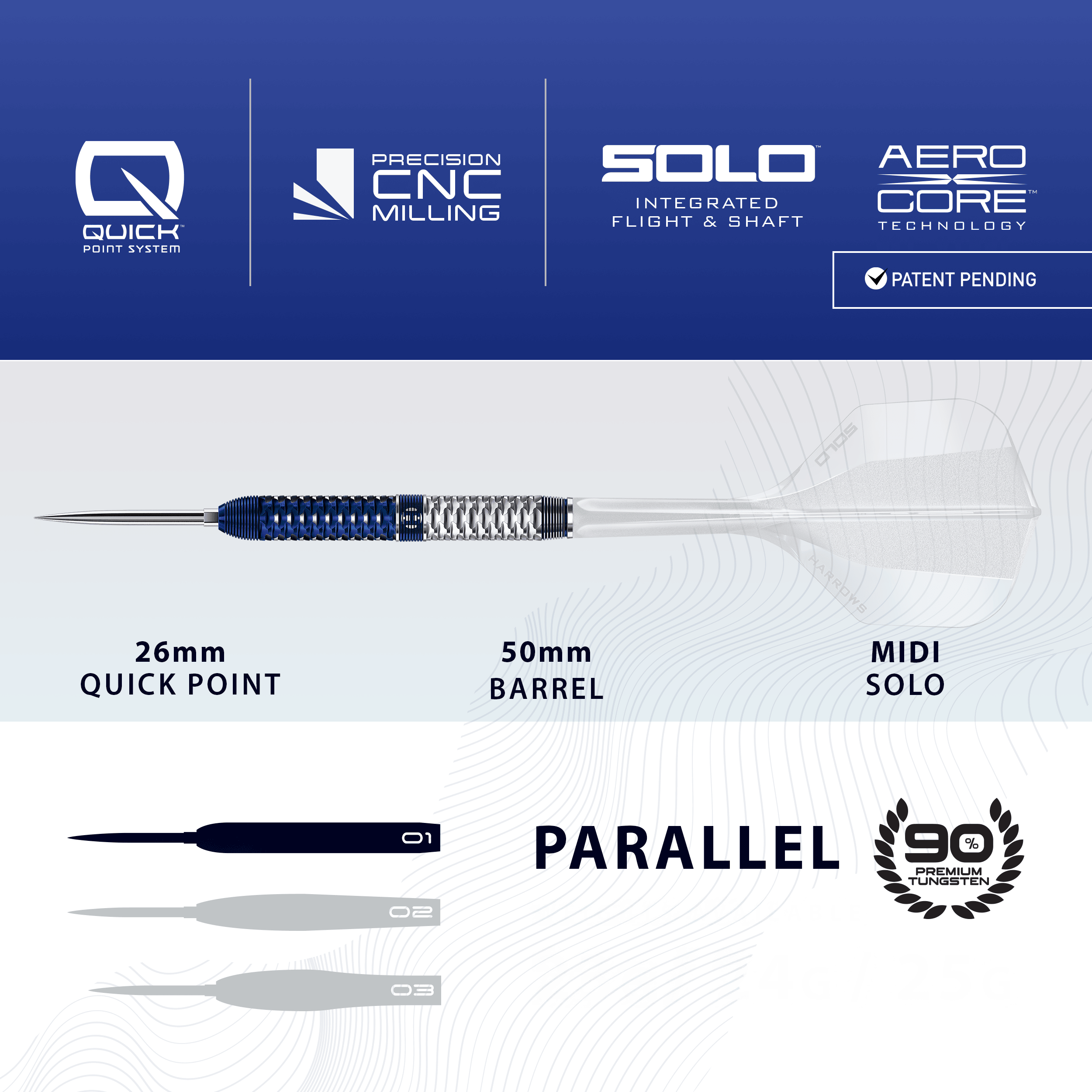 Das Bild zeigt Harrows GEO Parallel Quick Point Steeldarts. Der Pfeil und sein Aussehen werden präsentiert.
