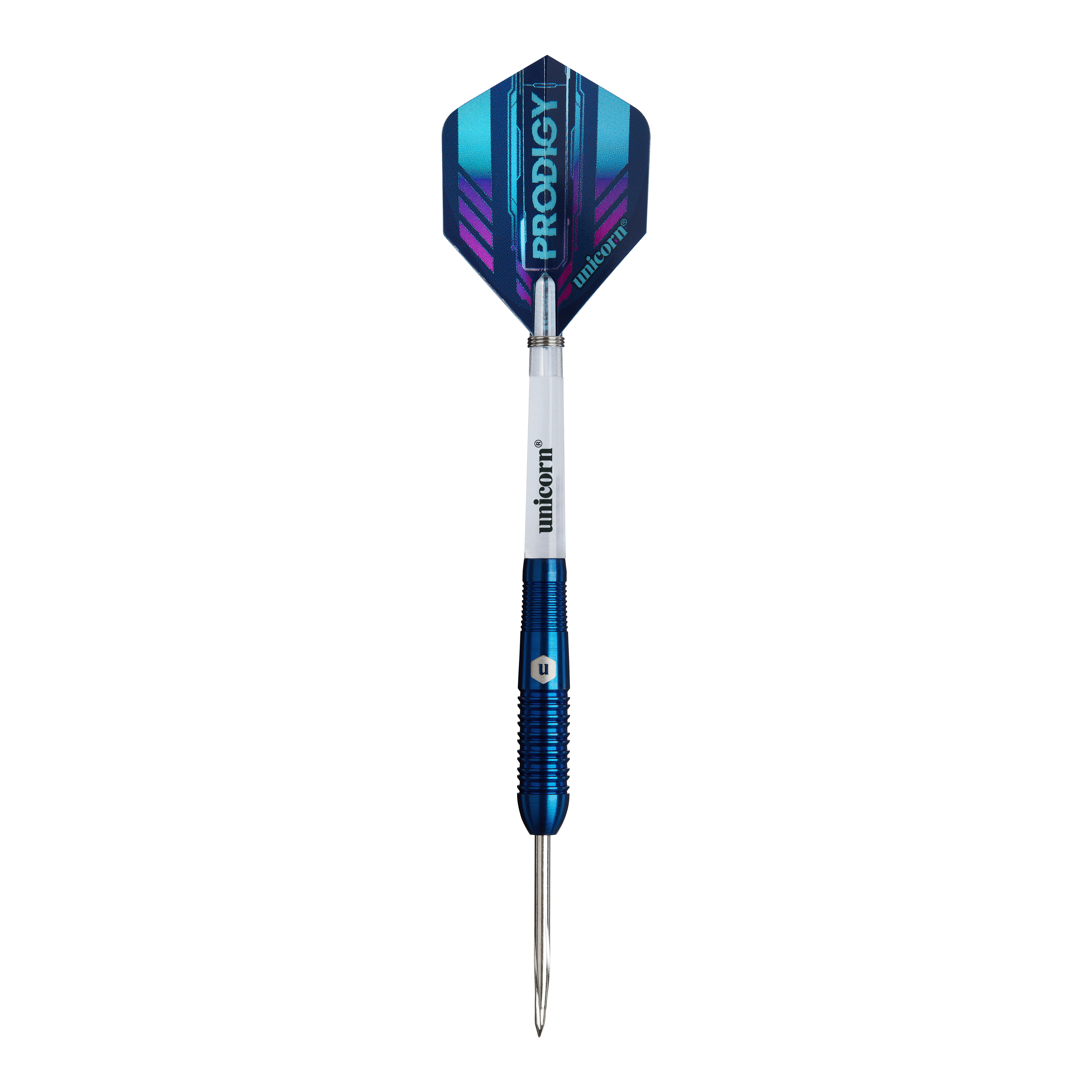 Unicorn Prodigy 02 Torpedo steel darts Das Bild zeigt einen Unicorn Prodigy 02 Torpedo Steeldart. Der Dartpfeil hat blaue und silberne Farben mit einer spitzen Metallspitze und einem modernen Flight-Design.