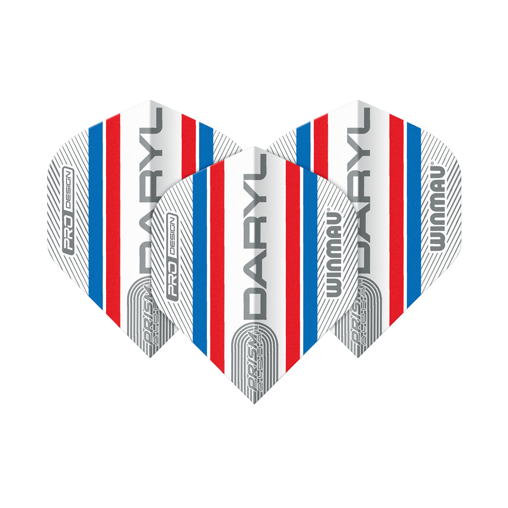 Auf dem Bild sind drei Dart-Flights des Modells "Winmau Alpha Daryl Gurney 85 Standard Flights" zu sehen. Sie sind weiß mit roten und blauen Streifen und tragen die Aufschrift "DARYL" und "WINMAU".