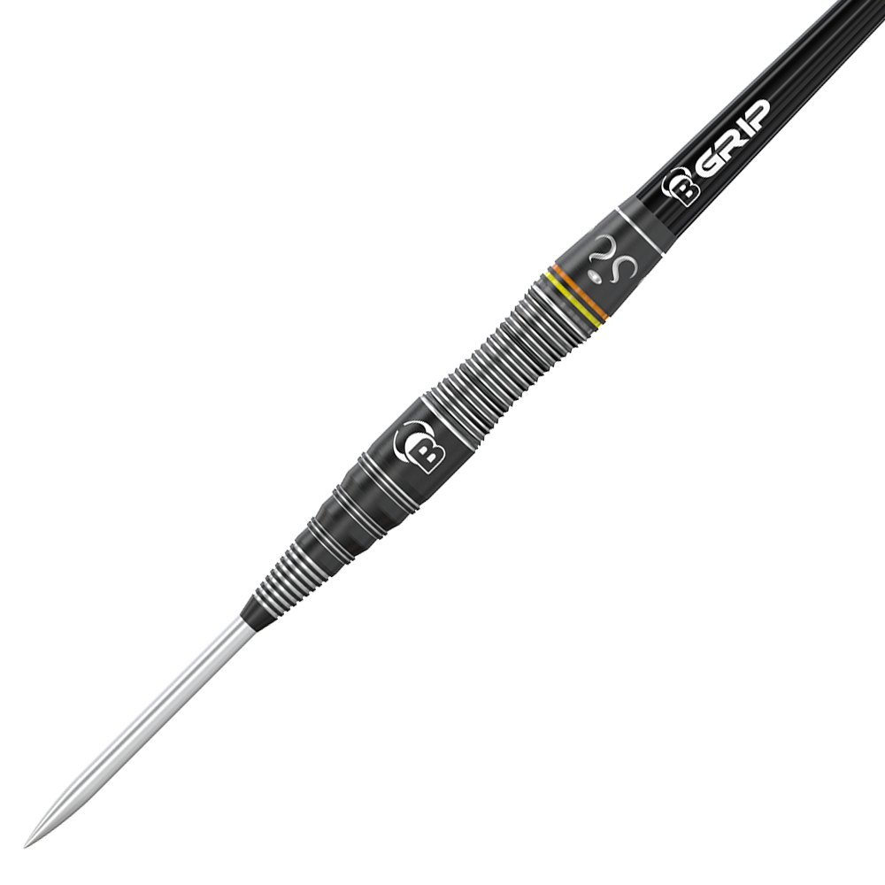 Bulls Brian Raman The Riddler Steeldarts Das Bild zeigt einen schwarzen Steeldart mit silbernen Rillen und einem spitzen Metallende. Auf dem Dart sind die Schriftzüge "B GRIP" und ein Fragezeichen zu sehen.