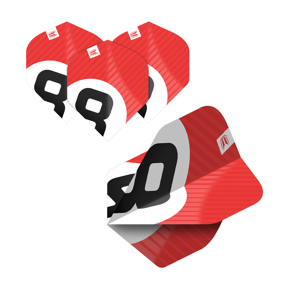 Das Bild zeigt fünf Sätze Target Pro Ultra Chicane No2 Standard Flights in auffälligem Rot-Weiß-Design. Die Flights sind mit einer großen schwarzen Zahl und dem Target-Logo versehen.