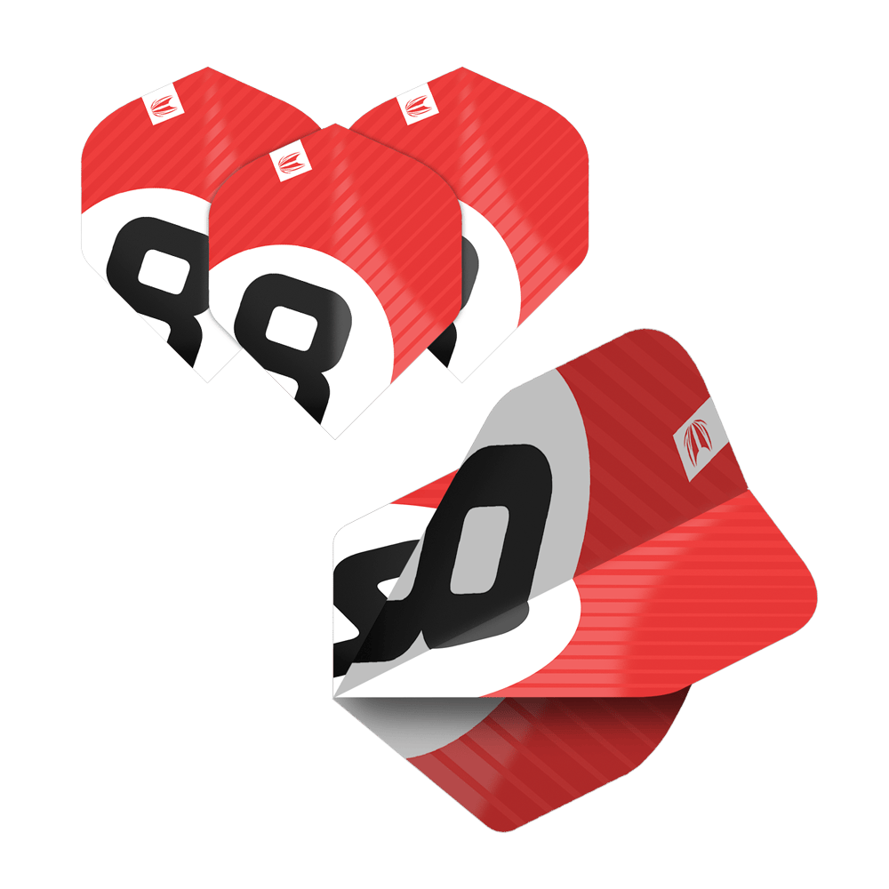 337204_Target_ProUltra_5Sets_Multipack_Chicane_No2_Standard_Flights_3xMnT0poDbZhfH Das Bild zeigt fünf Sätze Target Pro Ultra Chicane No2 Standard Flights in auffälligem Rot-Weiß-Design. Die Flights sind mit einer großen schwarzen Zahl und dem Target-Logo versehen.