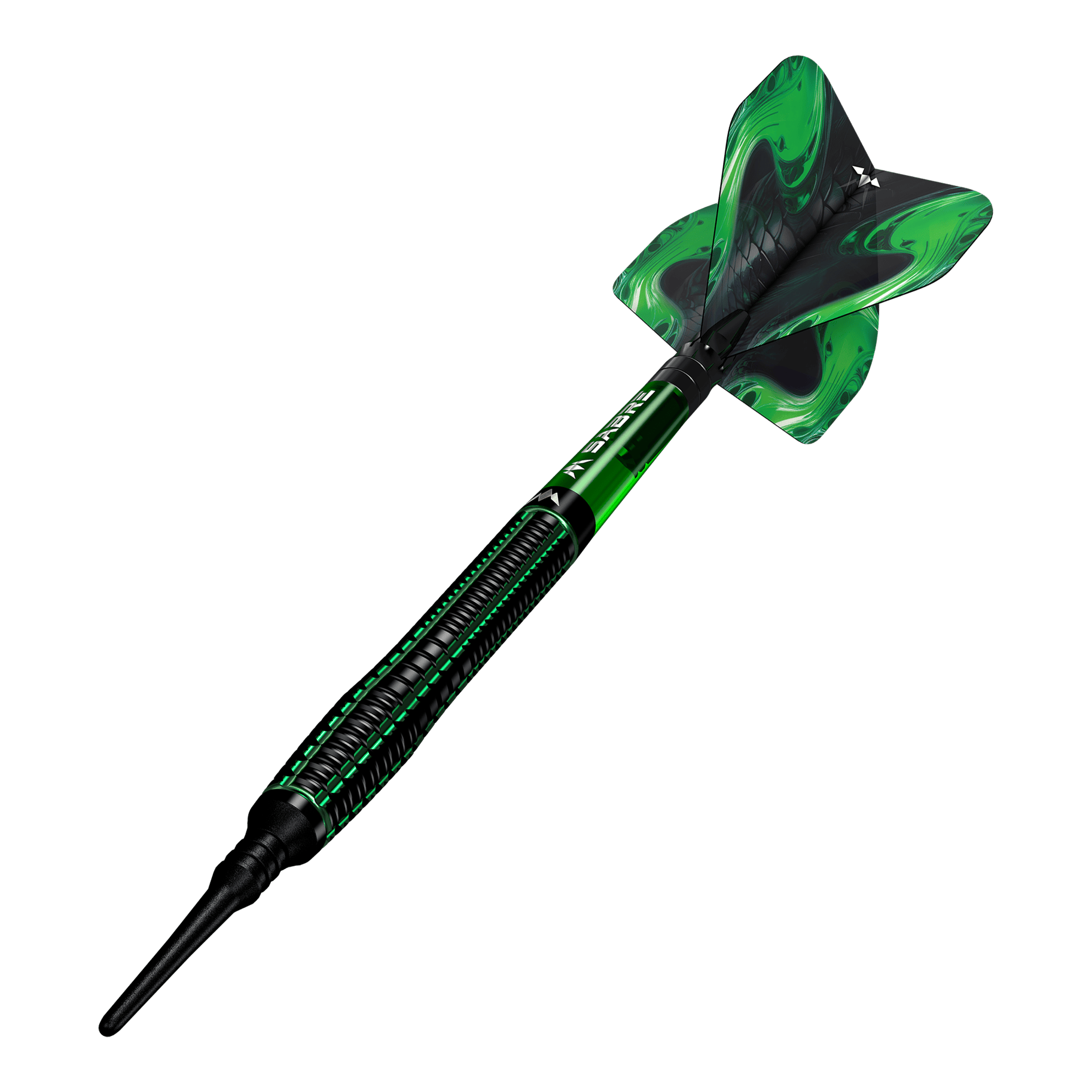 Mission Venom Softdarts - 20g Das Bild zeigt einen Mission Venom Softdart mit einem Gewicht von 20g. Der Dart ist schwarz und grün gestaltet und hat ein auffälliges Design am Flight.