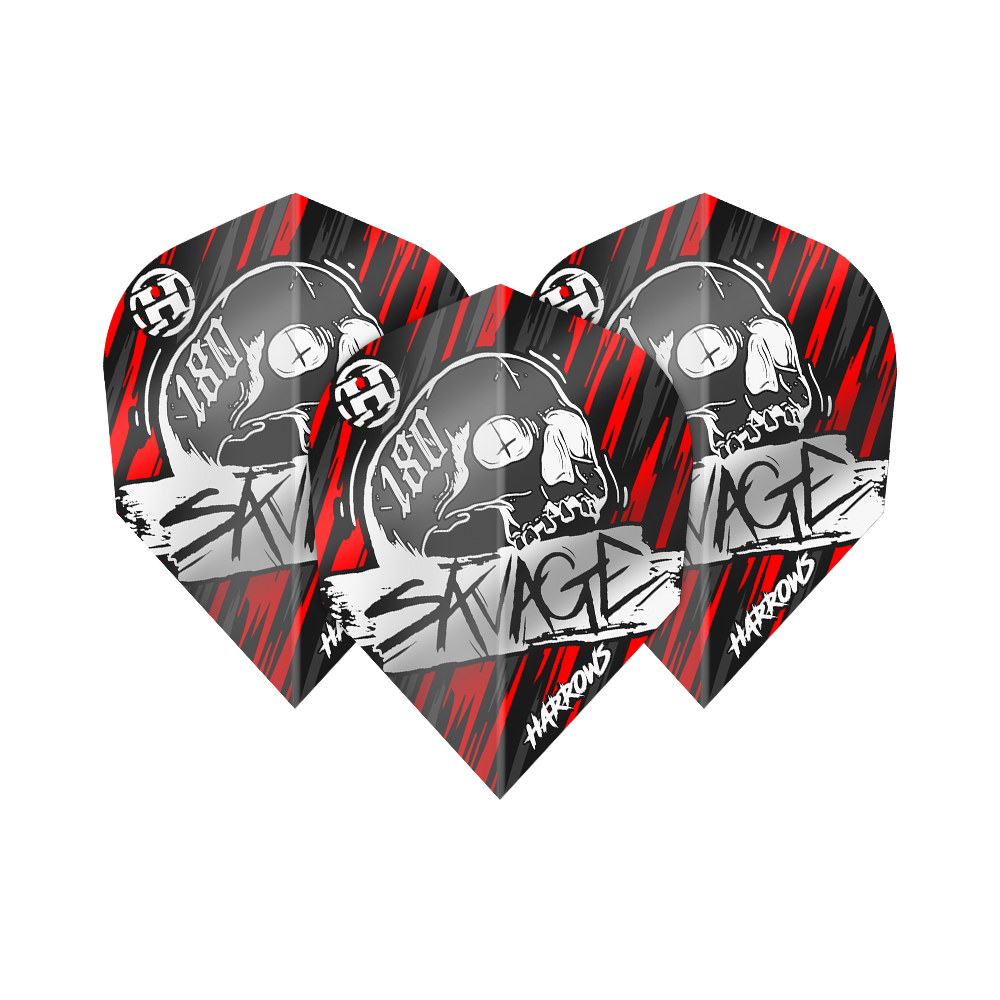 Harrow's Savage Red Silver No6 Flights Das Bild zeigt die Harrows Savage Red Silver No6 Flights mit einem auffälligen Totenkopf-Design. Die Flights sind in den Farben Rot, Schwarz und Silber gehalten und tragen den Schriftzug „Savage“.