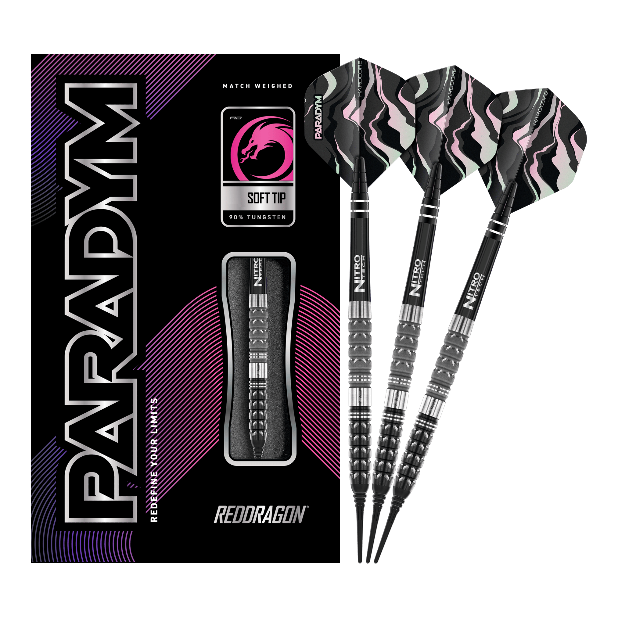 Red Dragon Paradym Tapered Soft Darts - 20g Das Bild zeigt die Red Dragon Paradym Tapered Softdarts mit einem Gewicht von 20g. Rechts sind drei stilvolle Softdarts zu sehen, links befindet sich die dazugehörige Verpackung.