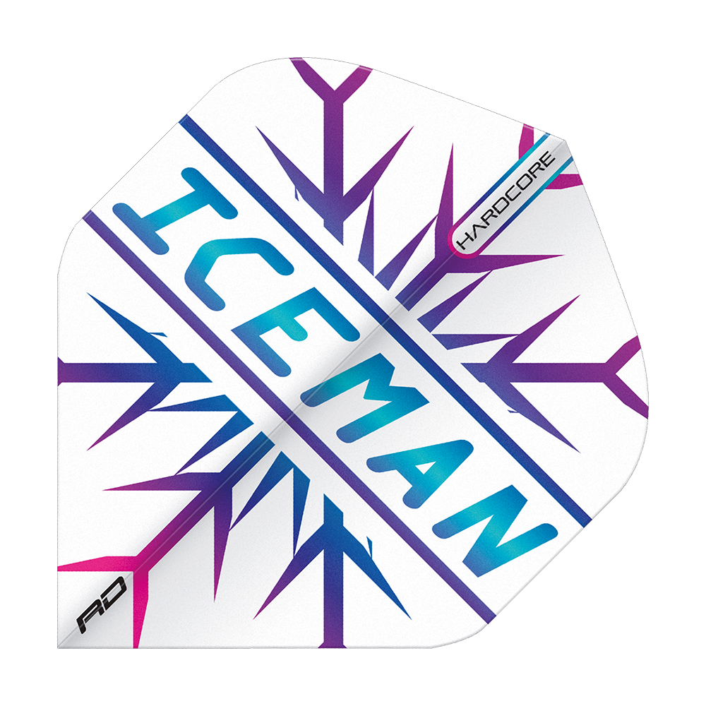 TF6827_Red_Dragon_Hardcore_Gerwyn_Price_Rainbow_Snowflake_Standard_Flights_1dqsiN0nraDedB Dieses Bild zeigt ein Dartflight mit einem auffälligen Schneeflocken-Design in Blau und Lila. In der Mitte steht das Wort "ICEMAN" und in der Ecke ist das Wort "HARDCORE" zu sehen.