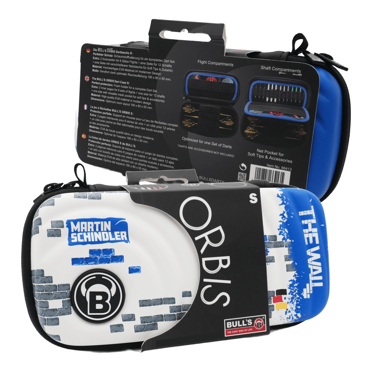Bulls Orbis S Martin Schindler dart case Das Bild zeigt das Produkt "Bulls Orbis S Martin Schindler Dartcase" in einer Verpackung. Das Dartcase ist bunt gestaltet und trägt den Namen "Martin Schindler" sowie "The Wall".