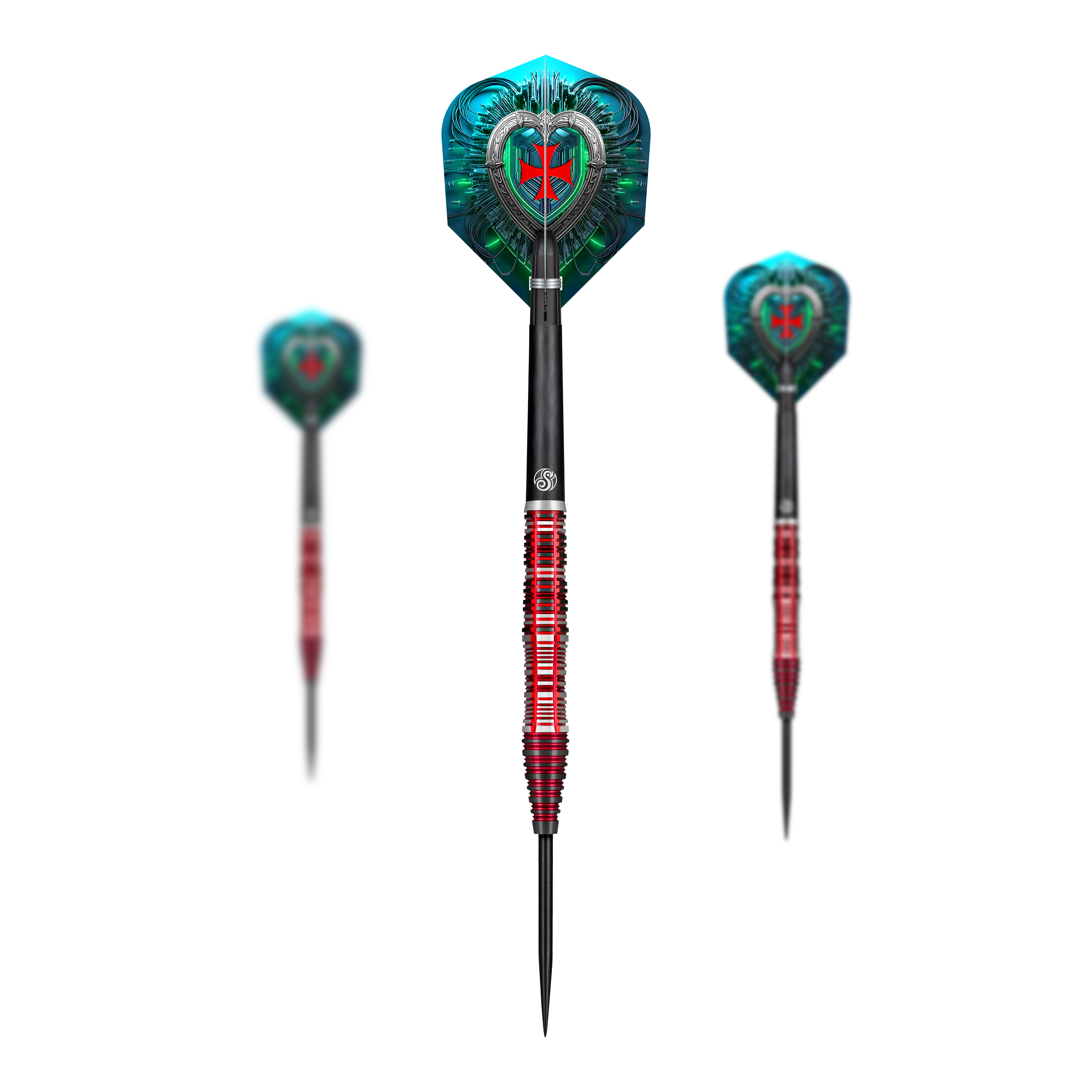 Shot Future Knights Dreadheart Steel Darts Das Bild zeigt drei Steeldarts des Produkts "Shot Future Knights Dreadheart". Die Darts haben rote, schwarz-silberne Schäfte und auffällige blau-grüne Flights mit einem Herz- und Kreuzdesign.