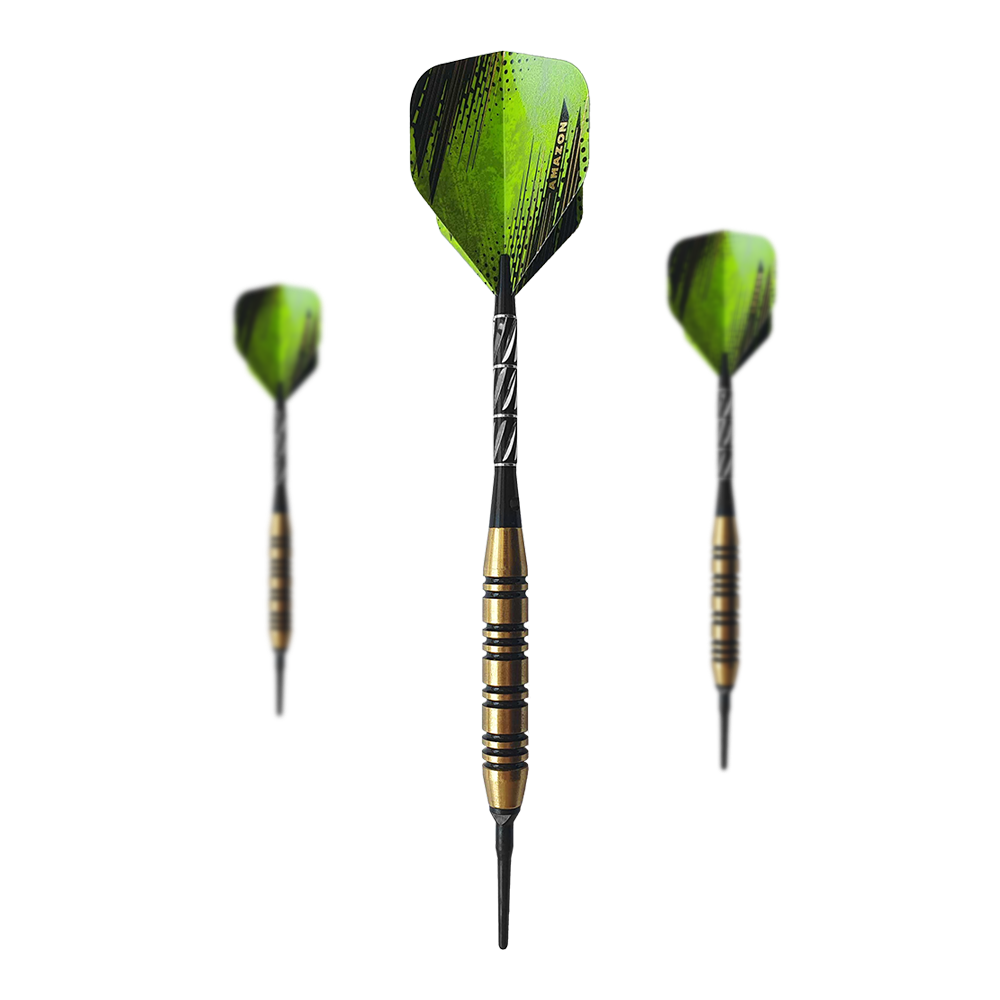 Golden Green Softdarts - 18g Das Bild zeigt drei Softdarts mit goldenen und schwarzen Griffen sowie grünen Flights. Das Produkt heißt „Golden Green Softdarts - 18g“.