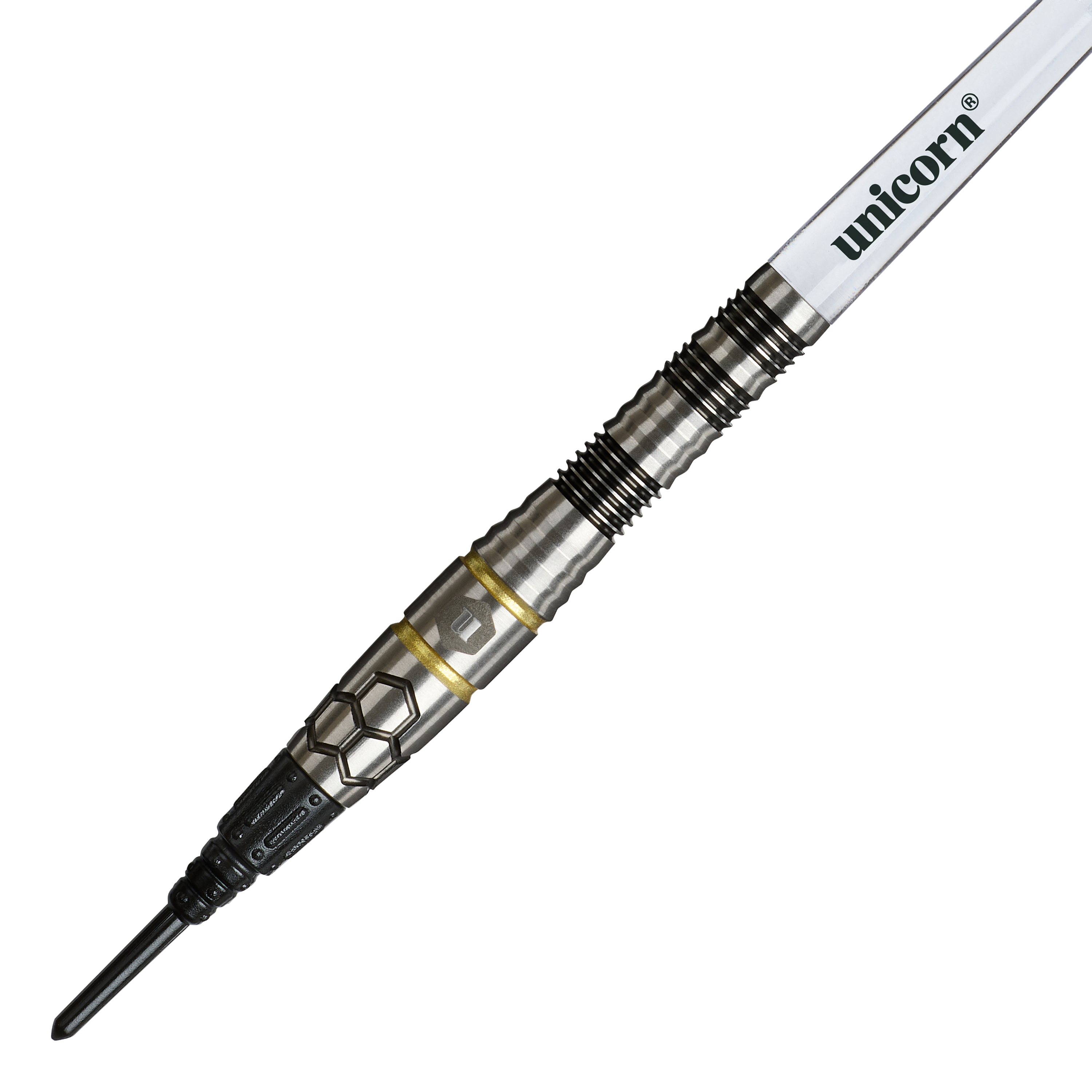 Unicorn Hexium Style 01 Black & Gold Softdarts - 22g ist ein eleganter Softdart in Schwarz und Gold. Das Produkt eignet sich ideal für Präzisionswürfe beim Dartspiel.