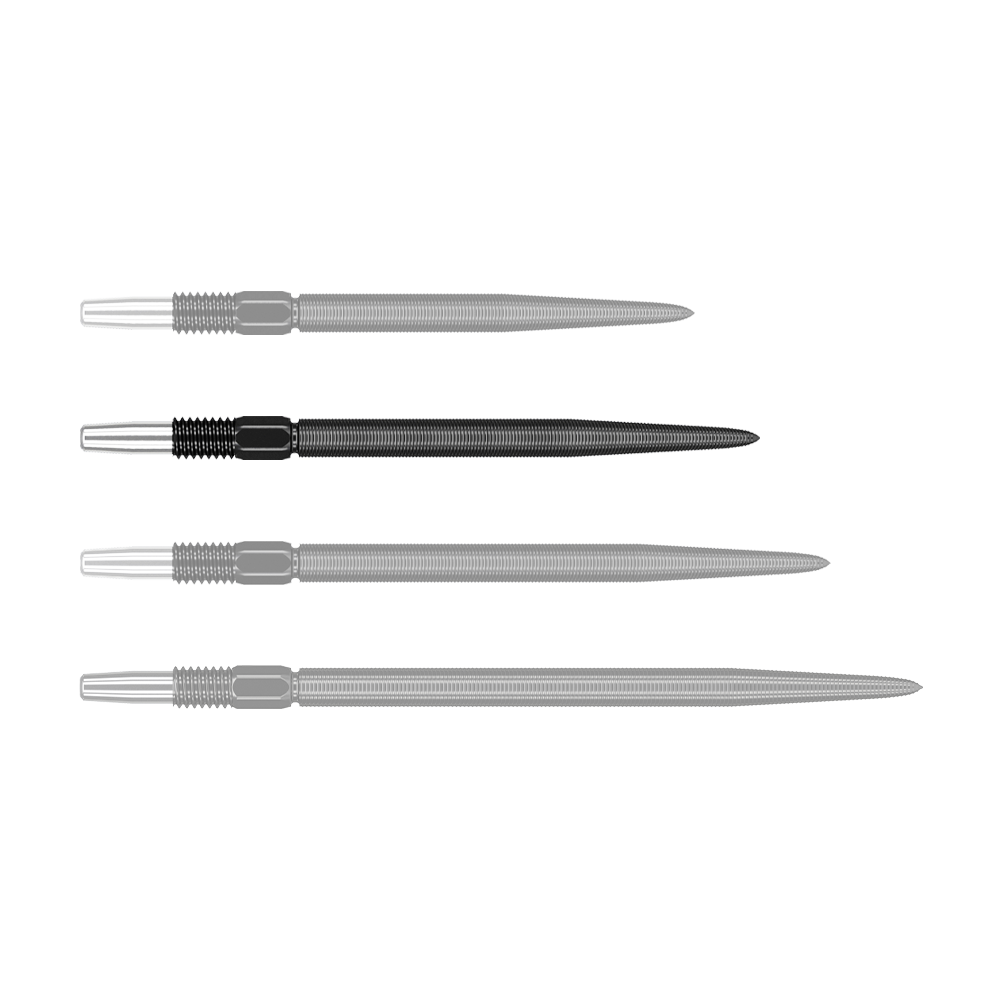 Target Swiss Point Nano Dartspitzen - Black Auf dem Bild sind vier schwarze Dartspitzen in einer Reihe zu sehen. Die Spitzen sind aus Metall und haben ein geriffeltes Muster am oberen Ende.