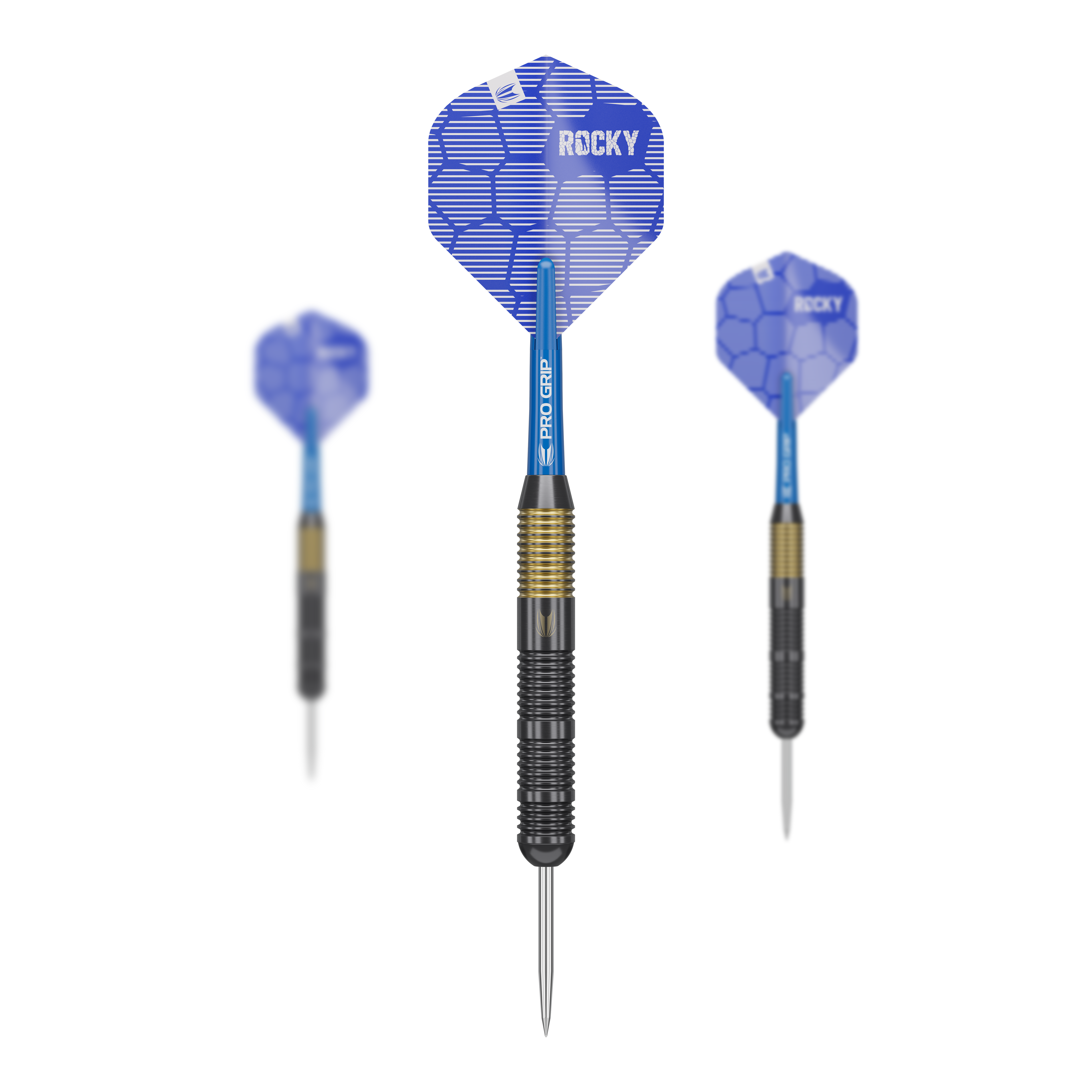 Target Josh Rock Brass Steel Darts - 22g Das Bild zeigt drei Target Josh Rock Brass Steeldarts mit einem Gewicht von 22g. Die Darts haben blaue Flights mit dem Aufdruck „ROCKY“ und einen schwarz-goldenen Griffbereich.