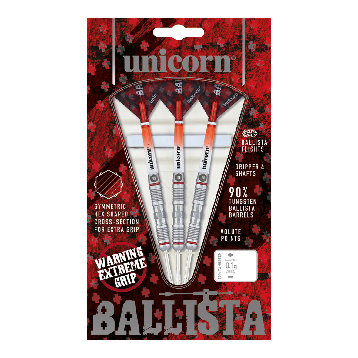 Unicorn Ballista Style 2 steel darts Das Bild zeigt eine Packung "Unicorn Ballista Style 2 Steeldarts" mit drei Darts. Die Verpackung hebt den extremen Grip und den 90%igen Tungsten-Anteil der Barrels hervor.