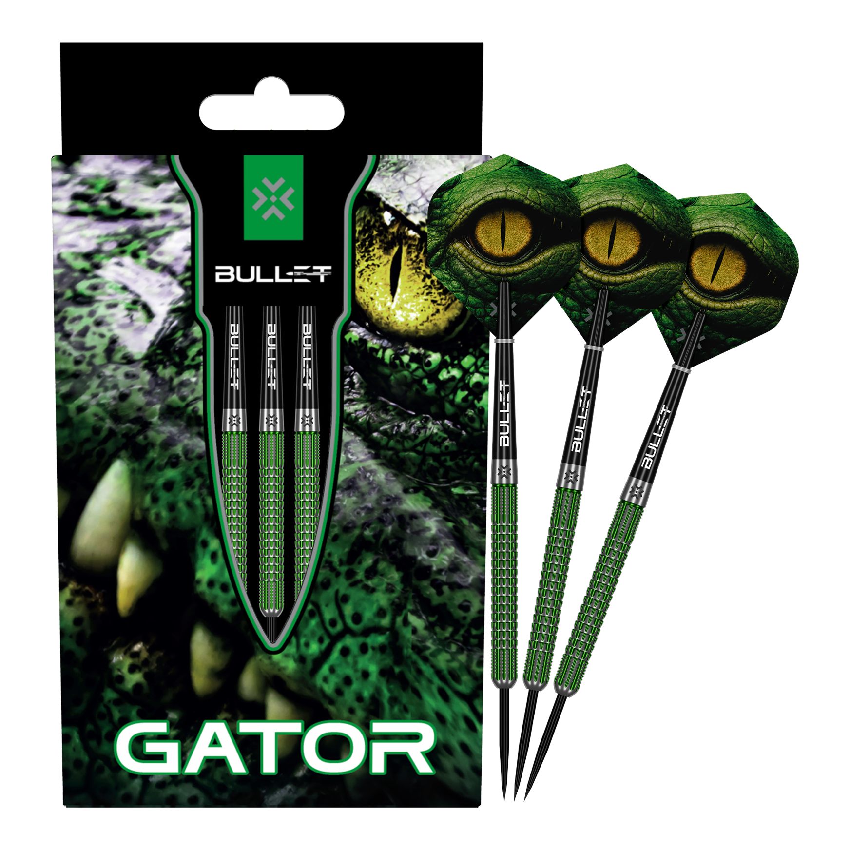Bullet Gator steel darts Das Bild zeigt die Bullet Gator Steeldarts. Es handelt sich um Steeldarts für den Präzisions-Dartsport.