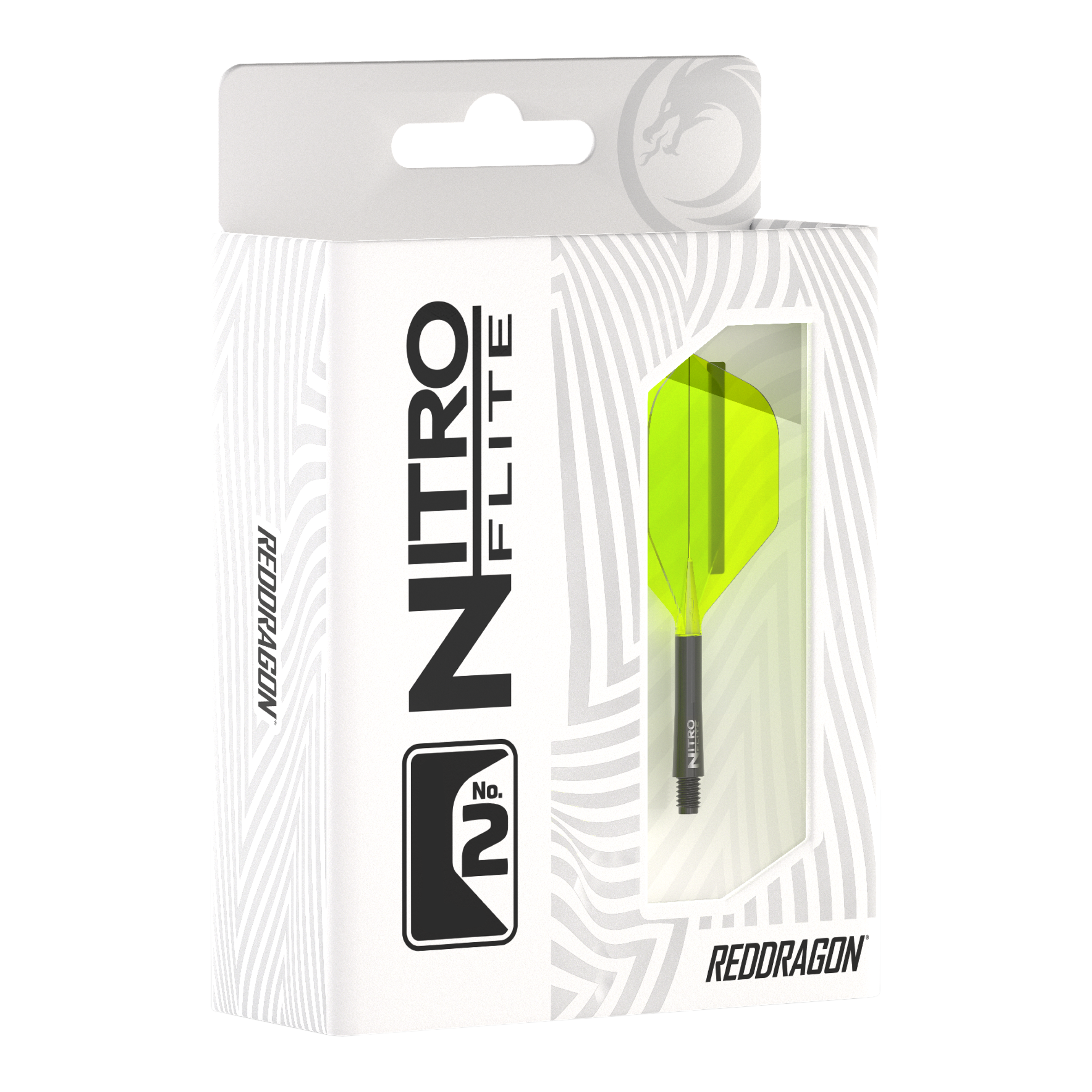 Red Dragon Nitroflite - Black Shaft Yellow No2 Flights Die Abbildung zeigt die Verpackung des Produkts "Red Dragon Nitroflite - Black Shaft Yellow No2 Flights". In der Packung ist ein Dartflight mit gelben Flügeln und schwarzem Schaft zu sehen.