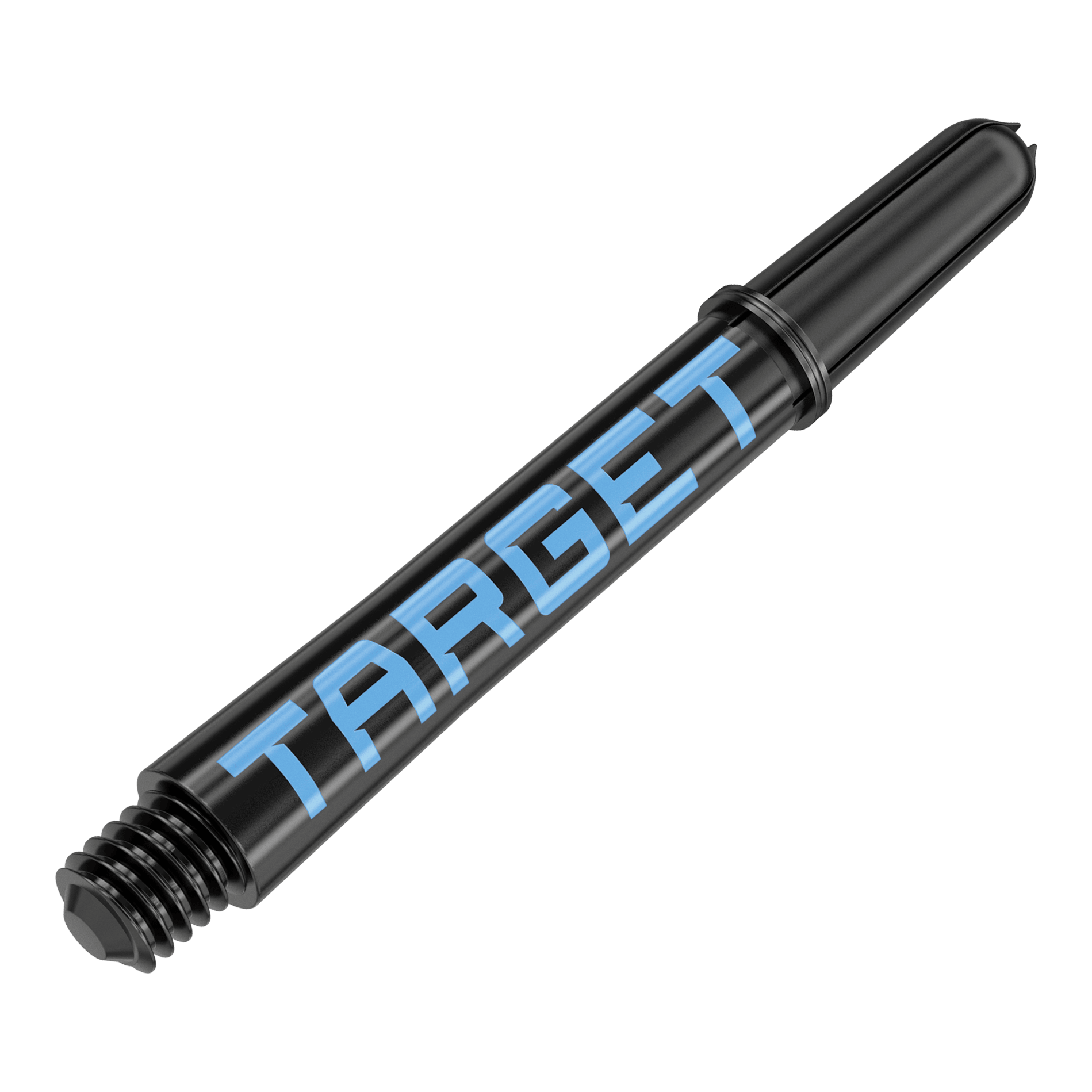 Dies ist ein schwarzer Dart-Schaft mit blauer Schrift. Auf dem Schaft steht das Wort "TARGET".