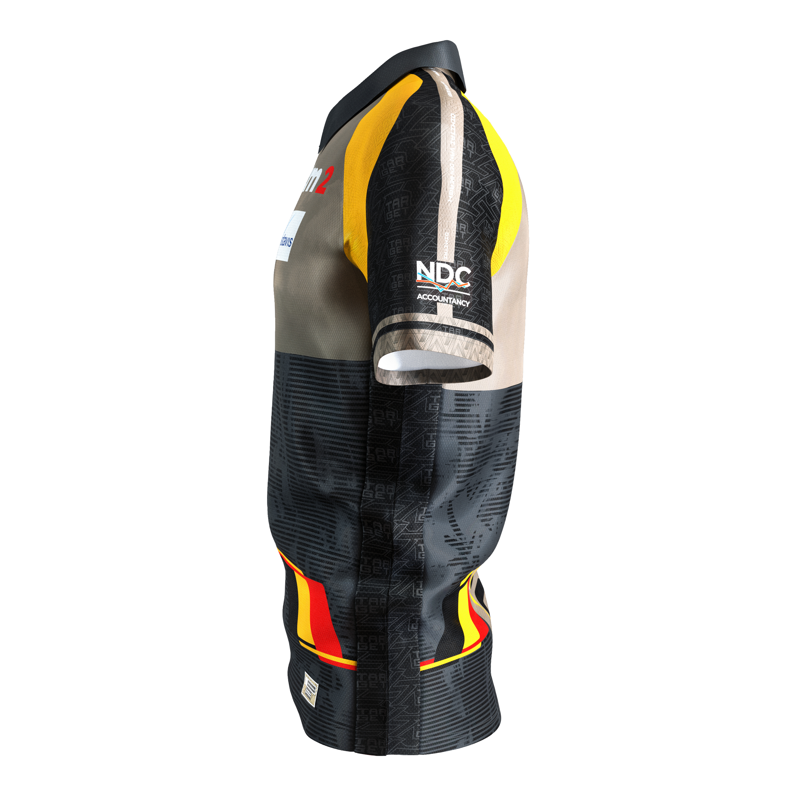 Target Coolplay Dimitri Van Den Bergh 2025 dart shirt Das Bild zeigt ein Dartshirt mit dem Namen "Target Coolplay Dimitri Van Den Bergh 2025". Das Shirt ist in Schwarz, Gelb und Beige gestaltet und trägt verschiedene Sponsorenlogos.