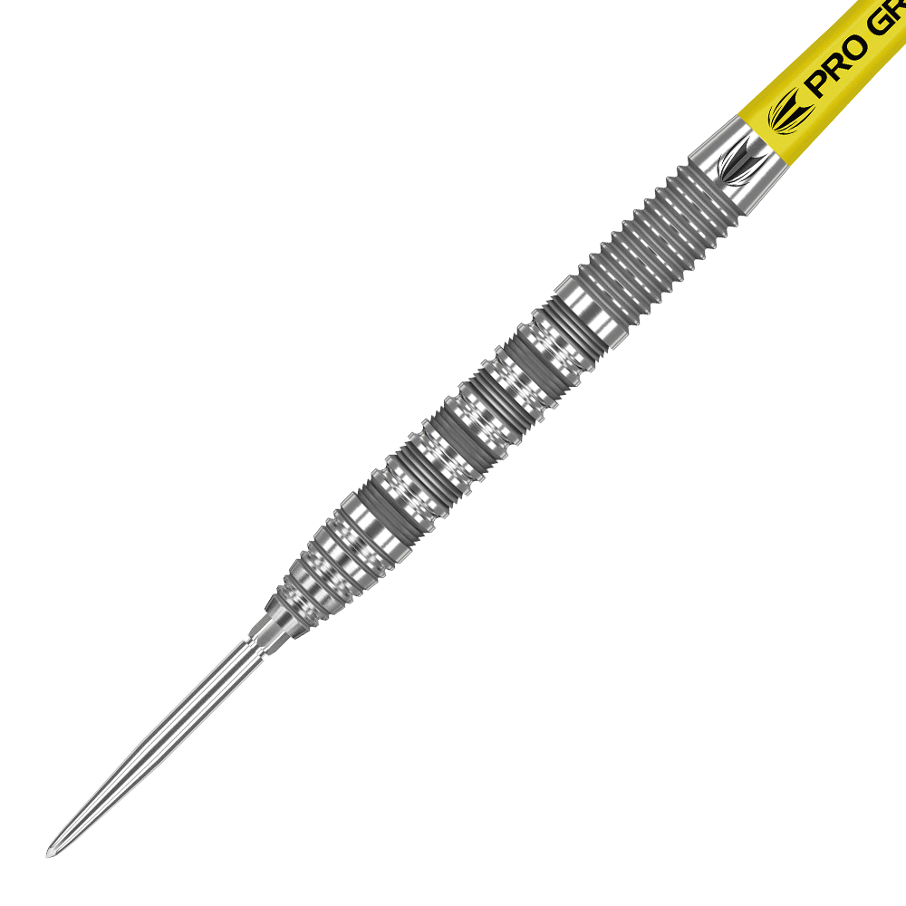 190051_Target_Bolide_01_Swiss_Point_Steeldarts_2 Dies ist ein Target Bolide 01 Swiss Point Steeldart. Der Dart besteht aus Metall und hat einen gelben Schaft mit der Aufschrift "Pro Grip".