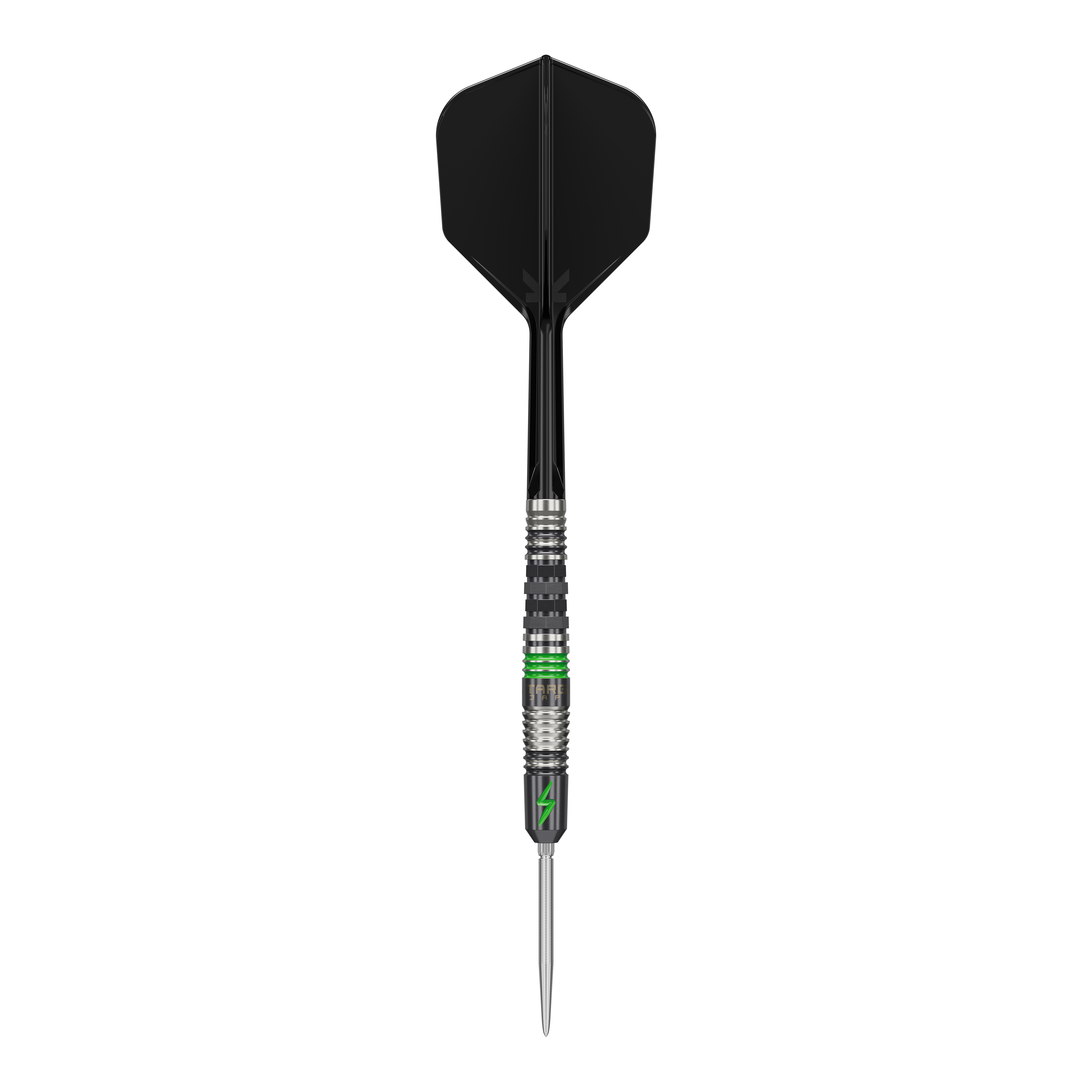 Das Bild zeigt einen Target Japan Black Marque Lightning 3 SP Steeldart. Der Dartpfeil hat ein schwarzes Flight und Details in Silber und Grün am Schaft.