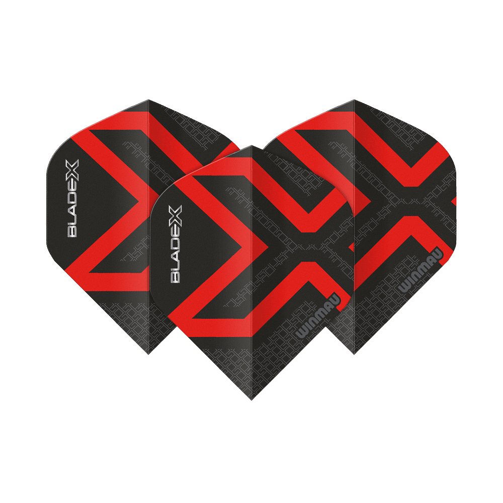 Dies ist ein Winmau Prism Delta Blade X Metallic Red No2 Standard Flight. Das abgebildete Produkt ist in roter Farbe gehalten.