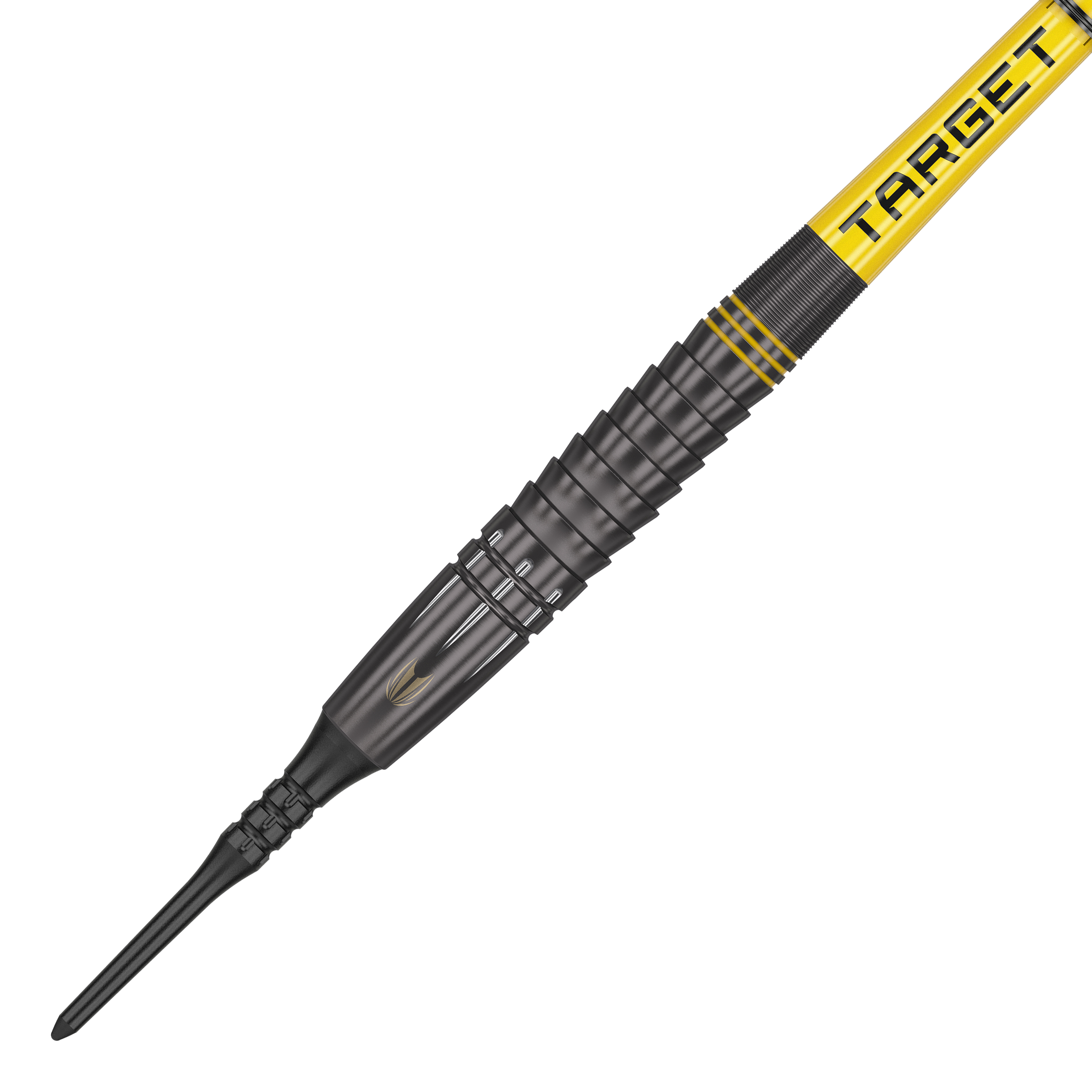 Target Scott Williams Shaggy Black Soft Darts - 20g Das Bild zeigt einen schwarzen Softdart mit gelben Akzenten und der Aufschrift "TARGET". Es handelt sich um das Produkt "Target Scott Williams Shaggy Black Softdarts - 20g".