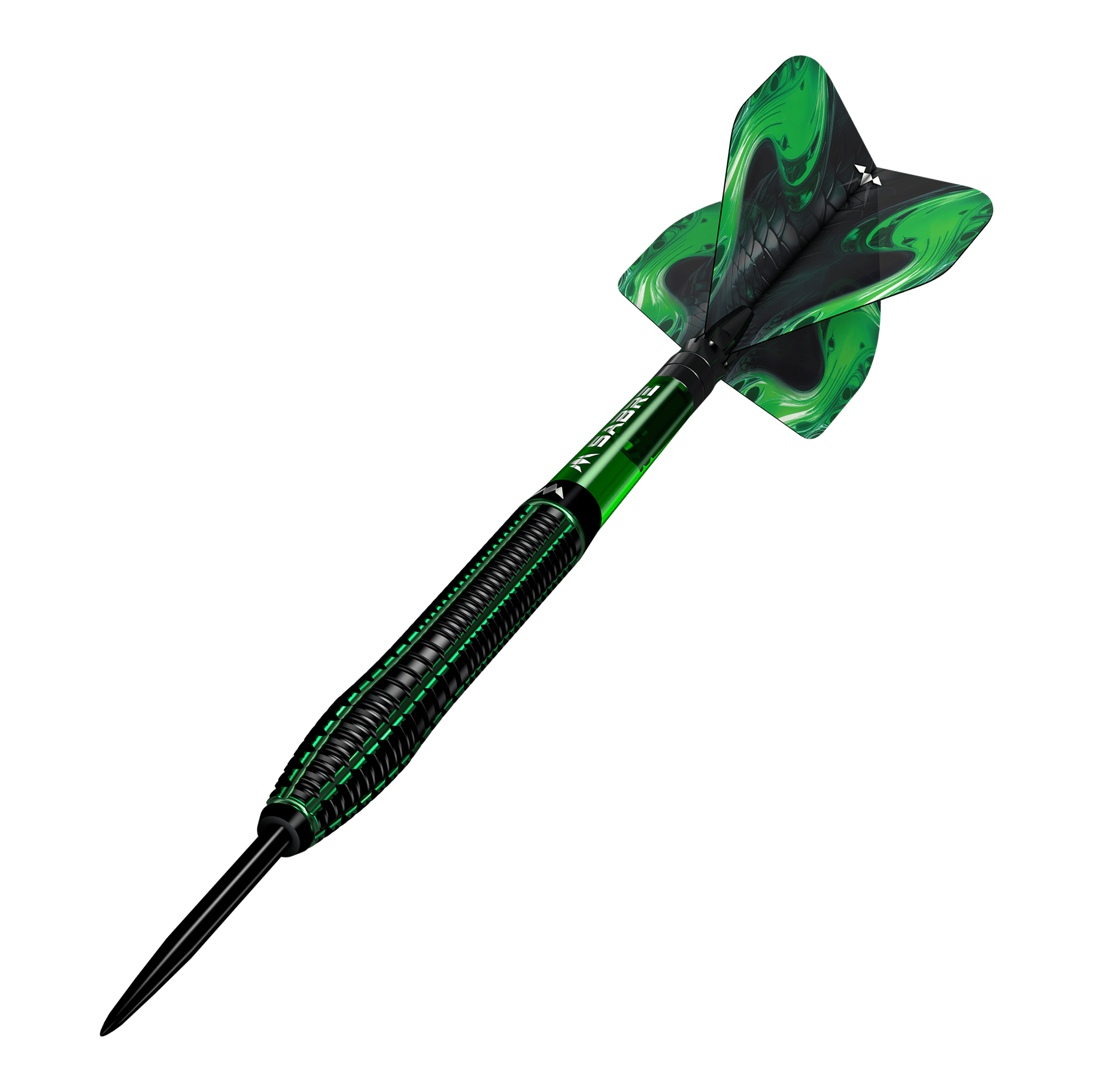 Mission Venom steel darts Das Bild zeigt einen Mission Venom Steeldart mit schwarzem und grünem Design. Die Flights sind ebenfalls grün mit einem geschwungenen Muster.