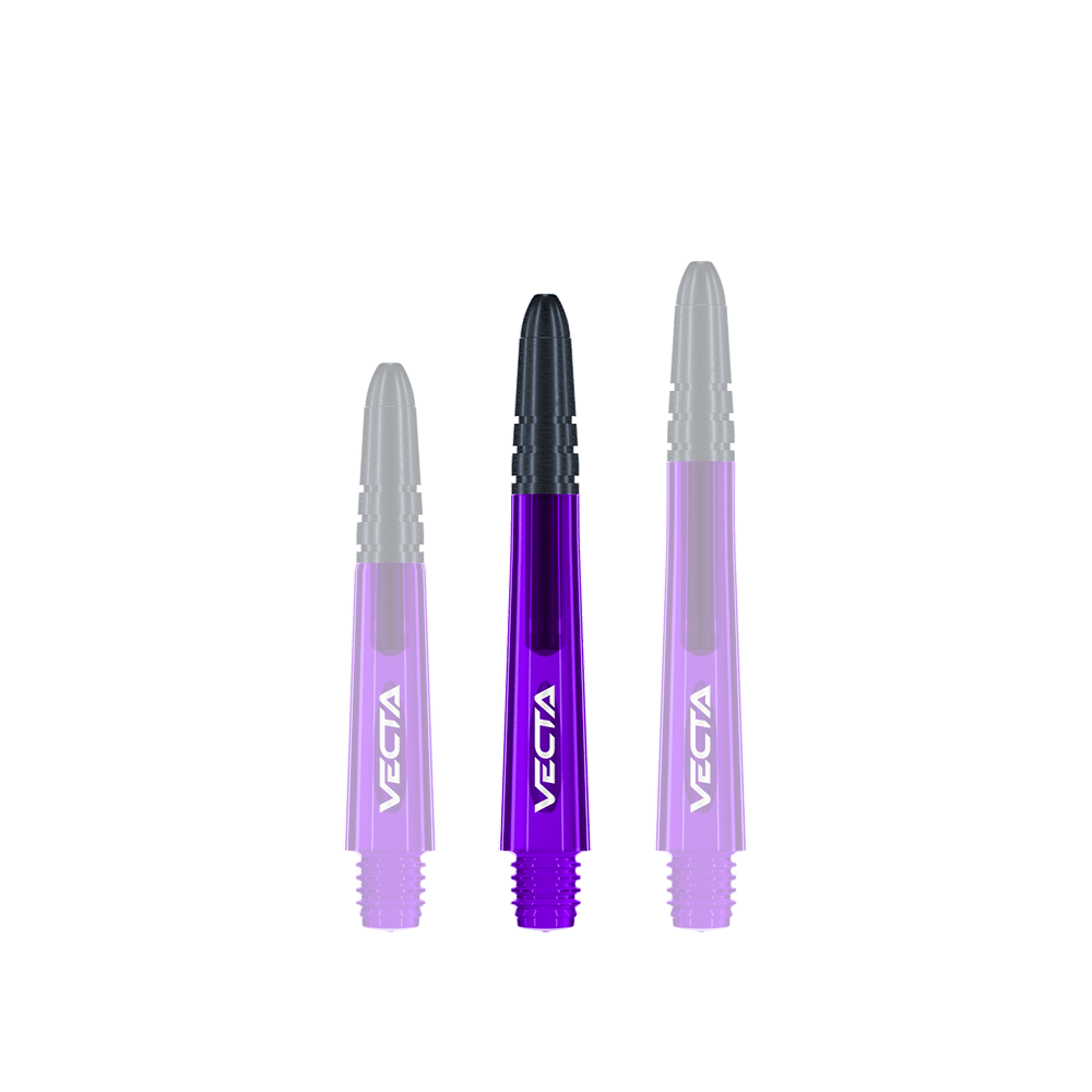 Winmau Vecta Shafts - Purple Black Das Bild zeigt drei lila und schwarze Dartschäfte der Marke Vecta. Sie sind nebeneinander aufgereiht und haben unterschiedliche Längen.