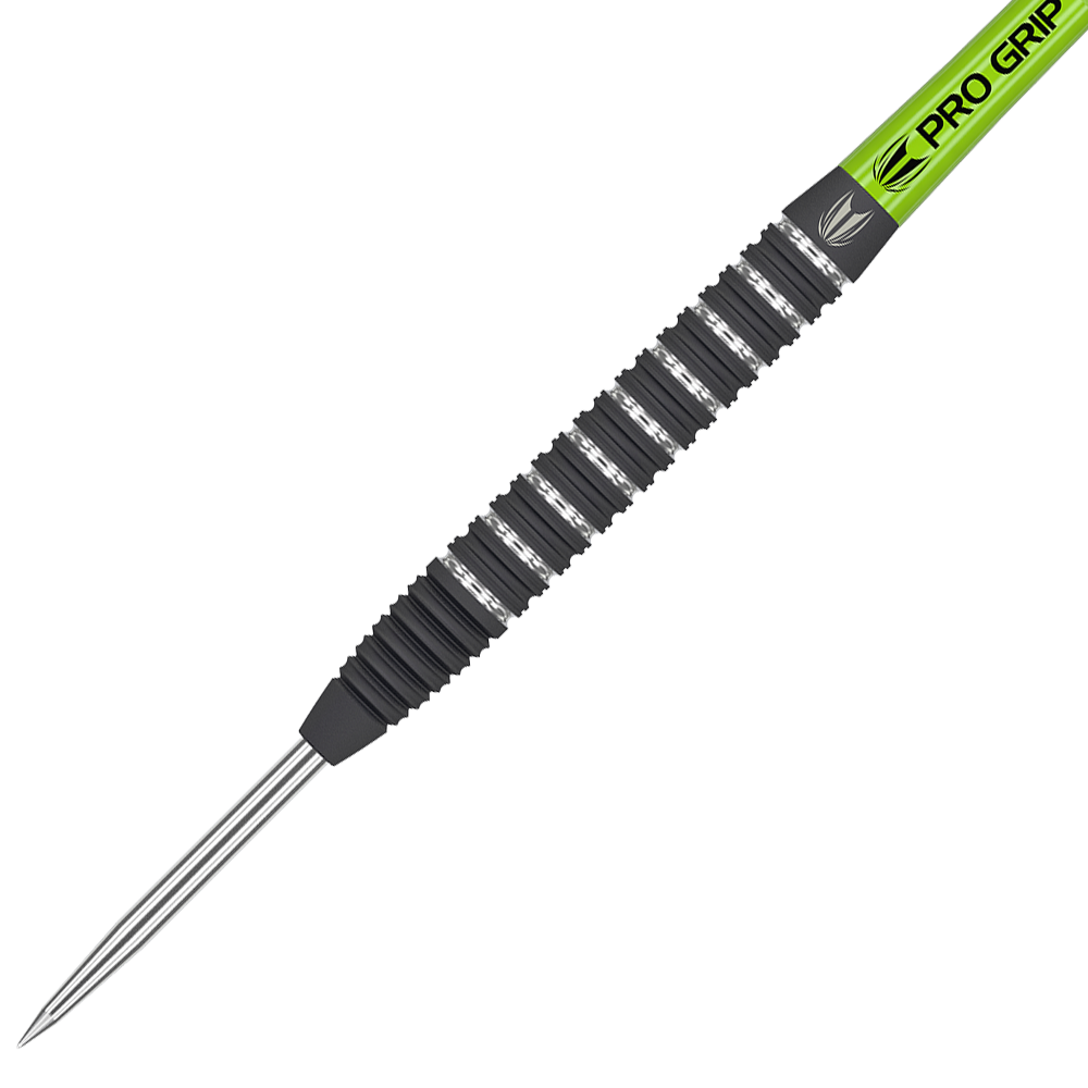 190143_Target_Yohkoh_02_Steeldarts_2 Das Bild zeigt einen Target Yohkoh 02 Steeldart. Der Dart hat einen schwarz-silbernen, geriffelten Griff und einen grünen Schaft mit der Aufschrift "Pro Grip".