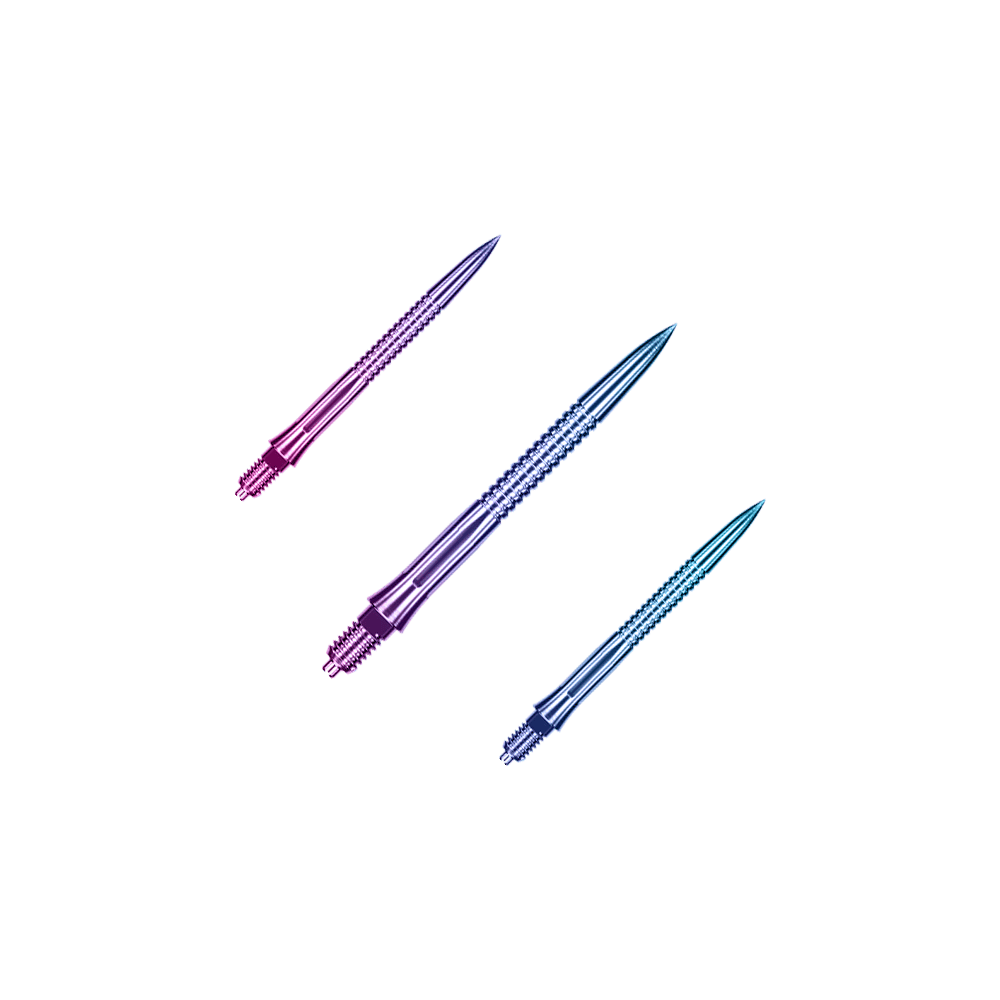 Caliburn EZ-EVO dart tips - Grooved - Rainbow Das Bild zeigt EVO205 Caliburn EZ-EVO Dartspitzen Grooved Rainbow 28mm als Set. Es handelt sich um mehrfarbige Dartspitzen mit Rillenstruktur.
