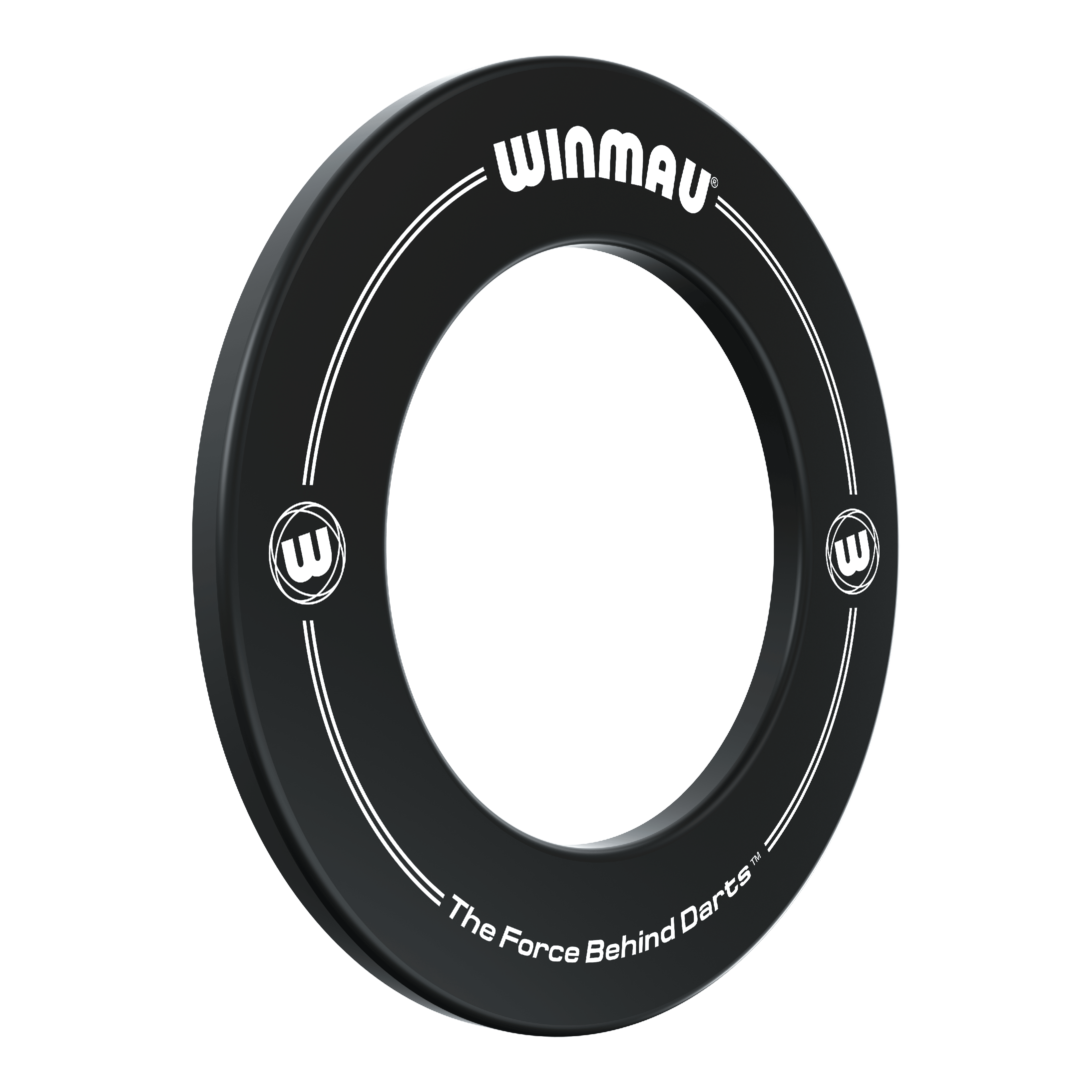 Winmau Dartboard Surround 2022 Das Bild zeigt einen schwarzen Dartboard-Surround-Ring der Marke Winmau. Auf dem Ring stehen die Worte „WINMAU“ und „The Force Behind Darts“.