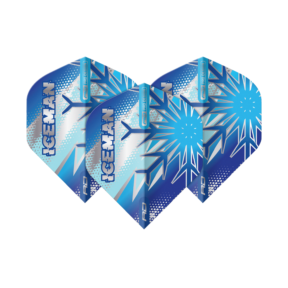Das Bild zeigt drei blaue Dart-Flights mit Eiskristall-Muster und dem Schriftzug "ICEMAN". Die Flights sind das Produkt "Red Dragon Gerwyn Price Blue Flake No2 Standard Flights".