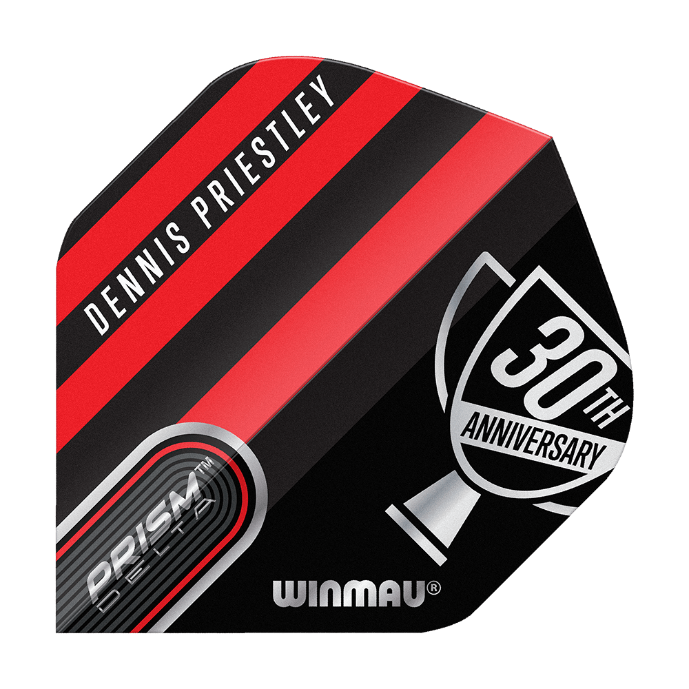 Winmau Prism Delta Dennis Priestley Diamond 3-Zero No2 Standard Flights Das Bild zeigt ein Dart-Flight mit dem Namen "Dennis Priestley" und einem schwarz-roten Design. Auf dem Flight steht zudem "30th Anniversary" und "Winmau Prism Delta".