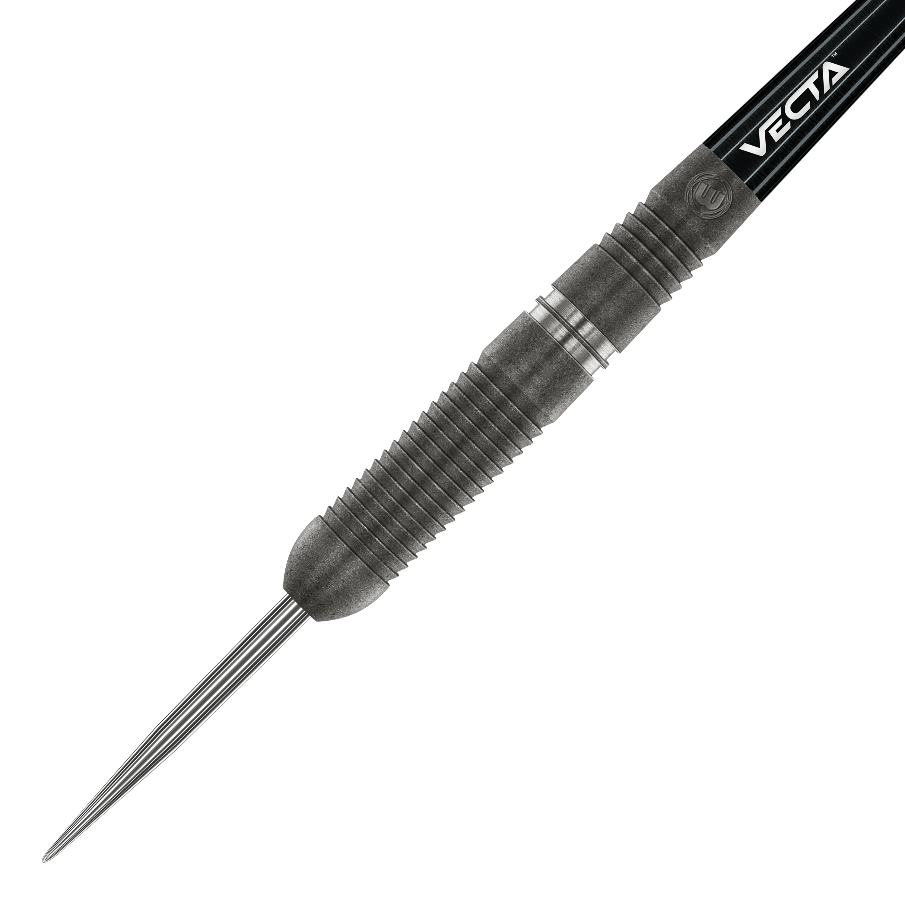 Winmau Callisto 03 Steeldarts Das Bild zeigt einen Winmau Callisto 03 Steeldart. Der Dart hat ein geriffeltes, schwarzes Barrel und eine spitze Metallspitze.